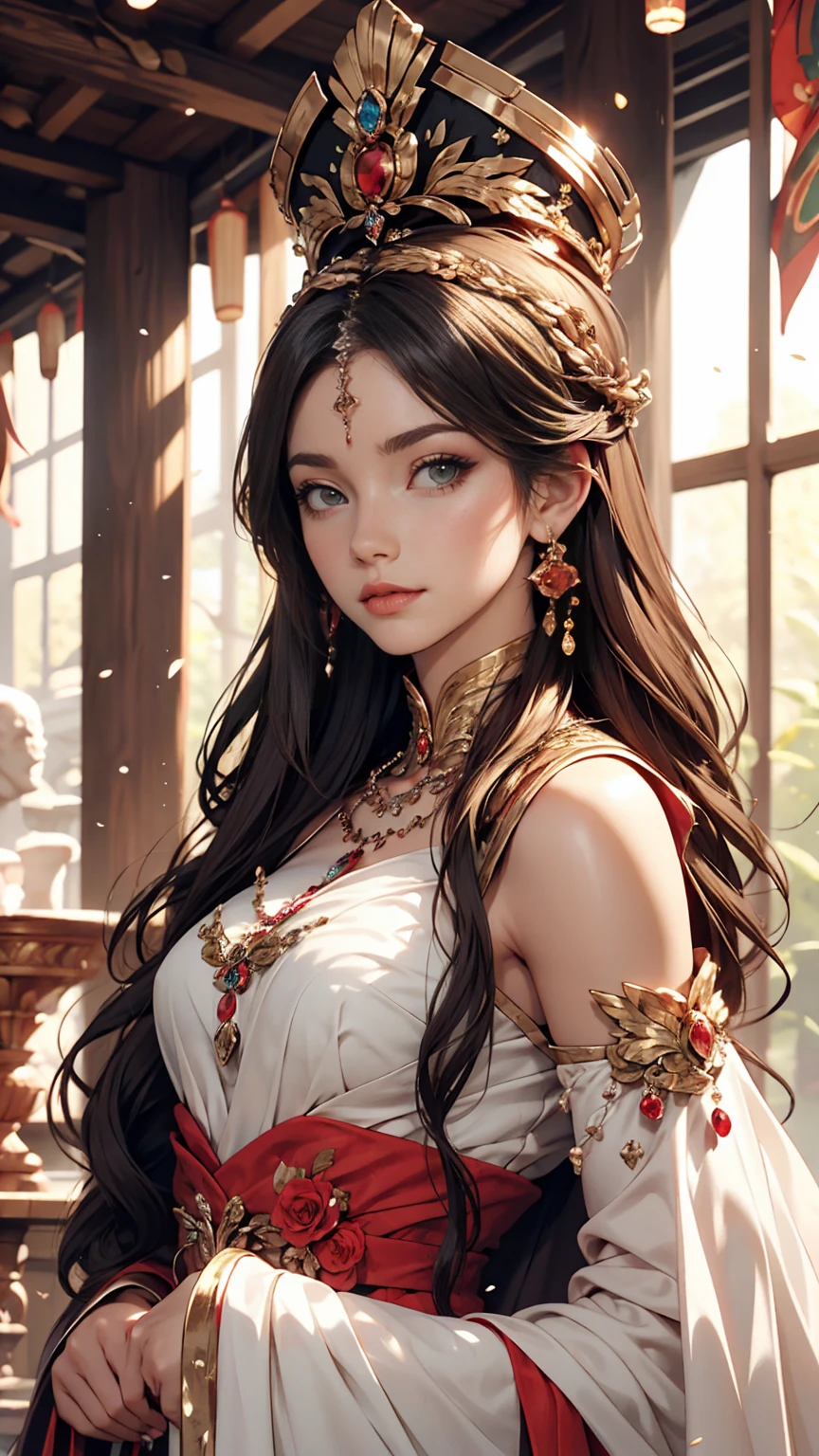 Beautiful female emperor, Clear skin, Beautiful appearance, There is deep wisdom in her eyes, It's as if she sees through the whole world, Wearing a luxurious white robe, Holding a long sword, Robes fluttering in the wind and silver hair blowing in the wind, The white robe perfectly complements her elegant figure., The attitude is calm and idyllic, Like a perfect fairy