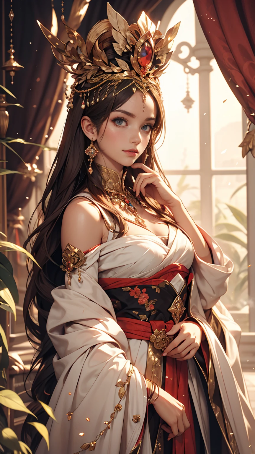 Beautiful female emperor, Clear skin, Beautiful appearance, There is deep wisdom in her eyes, It's as if she sees through the whole world, Wearing a luxurious white robe, Holding a long sword, Robes fluttering in the wind and silver hair blowing in the wind, The white robe perfectly complements her elegant figure., The attitude is calm and idyllic, Like a perfect fairy