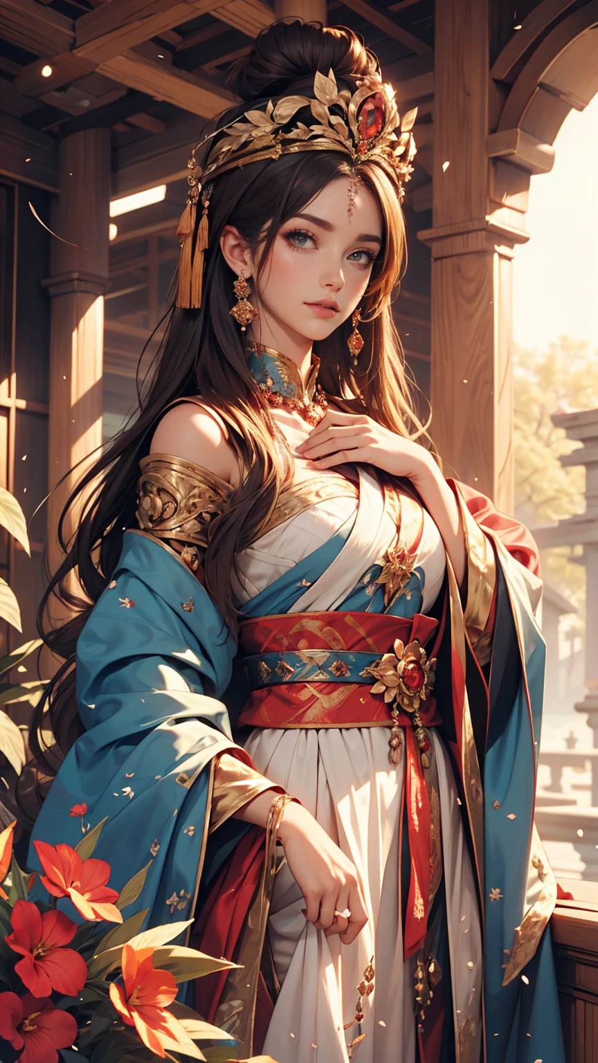 Beautiful female emperor, Clear skin, Beautiful appearance, There is deep wisdom in her eyes, It's as if she sees through the whole world, Wearing a luxurious white robe, Holding a long sword, Robes fluttering in the wind and silver hair blowing in the wind, The white robe perfectly complements her elegant figure., The attitude is calm and idyllic, Like a perfect fairy