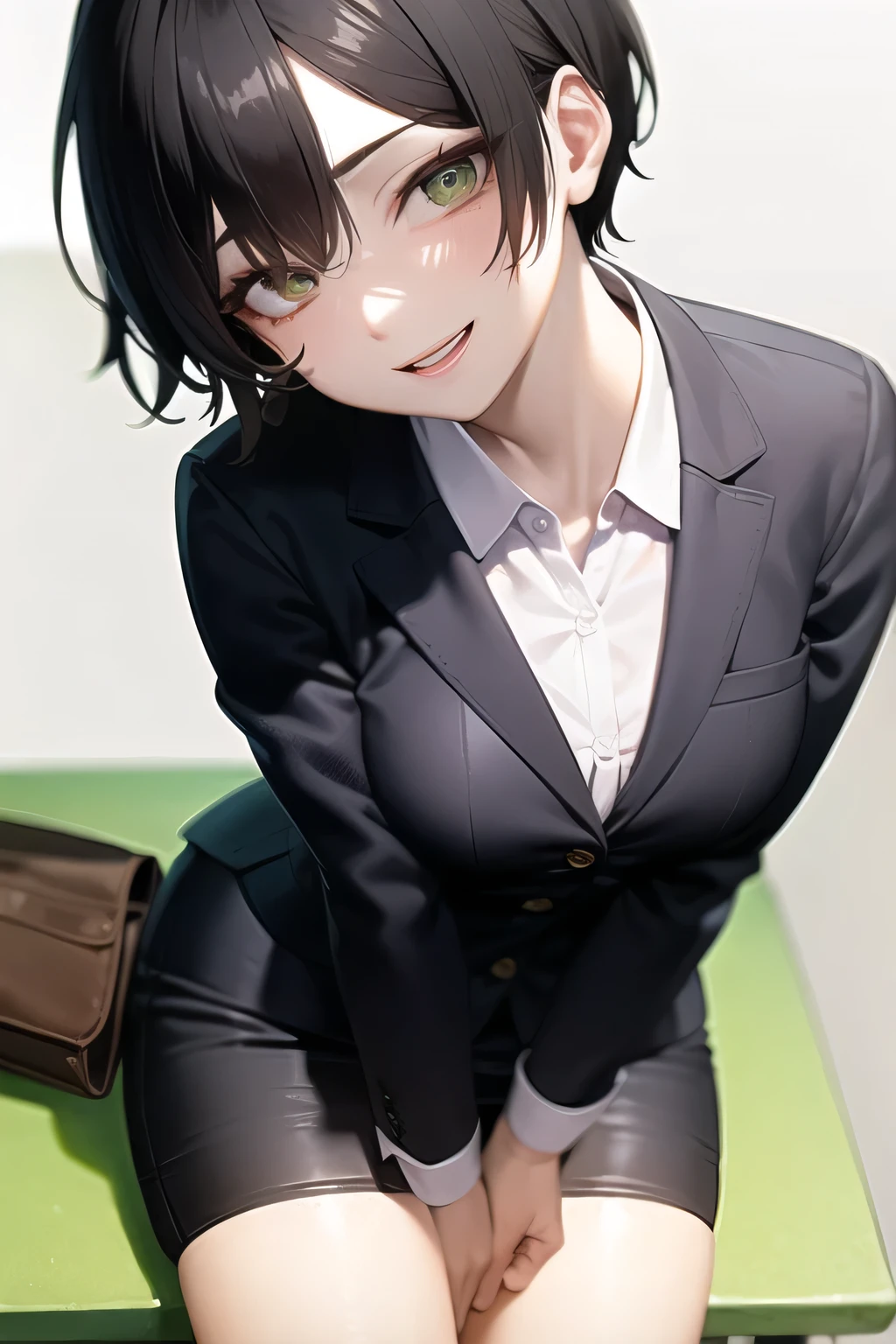 ((best quality)), ((masterpiece)), (detailed), perfect face, a mature woman with short black hair and green eyes, wearing a two piece business suit, sitting on a bench alone, in a park, smiling, yandere eyes, scary expression, crazy girl, wide eyes,detailed eyes, colorful background, office lady 