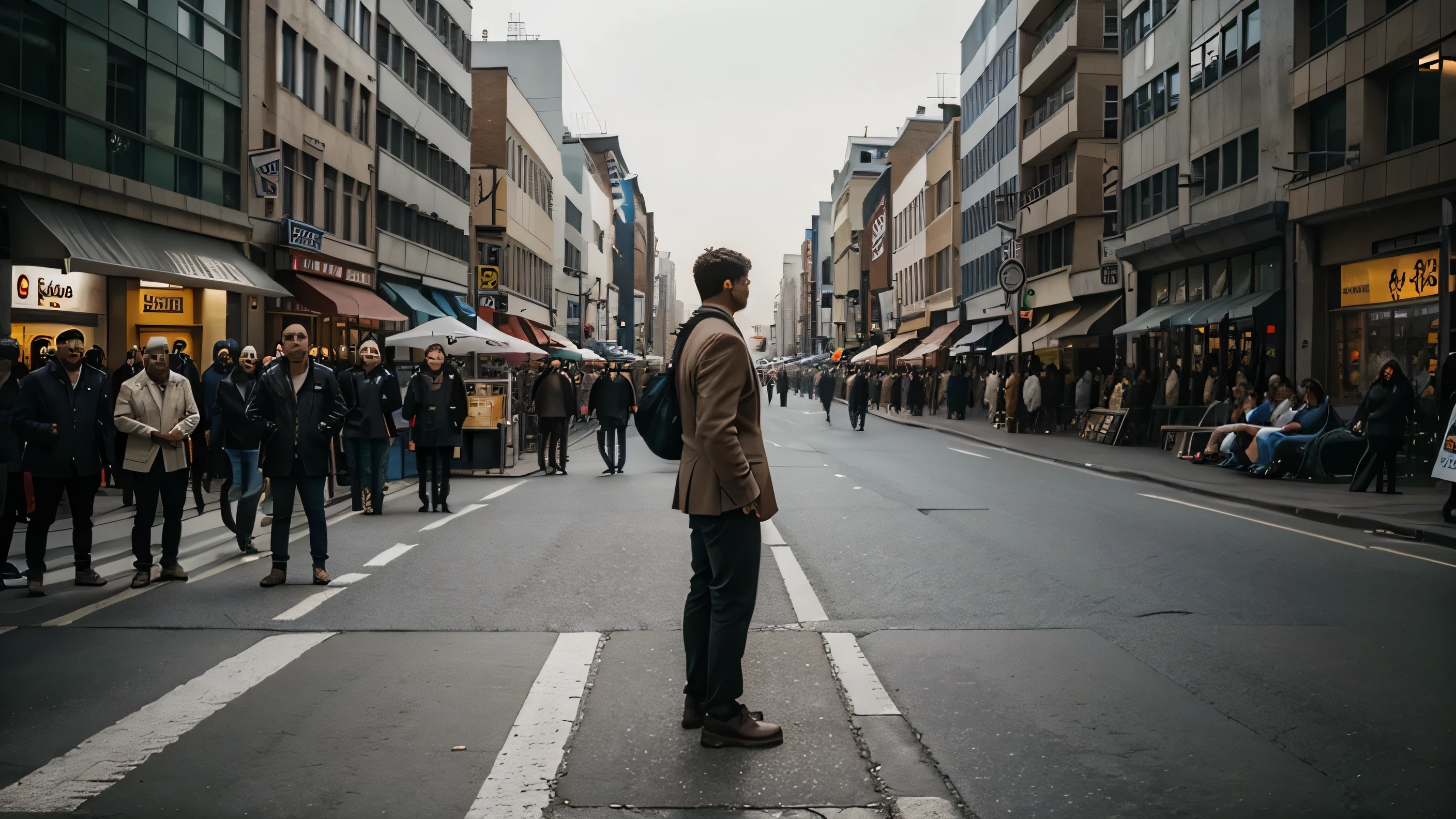 A lonely man standing alone in street, full of people crowd, highest quality