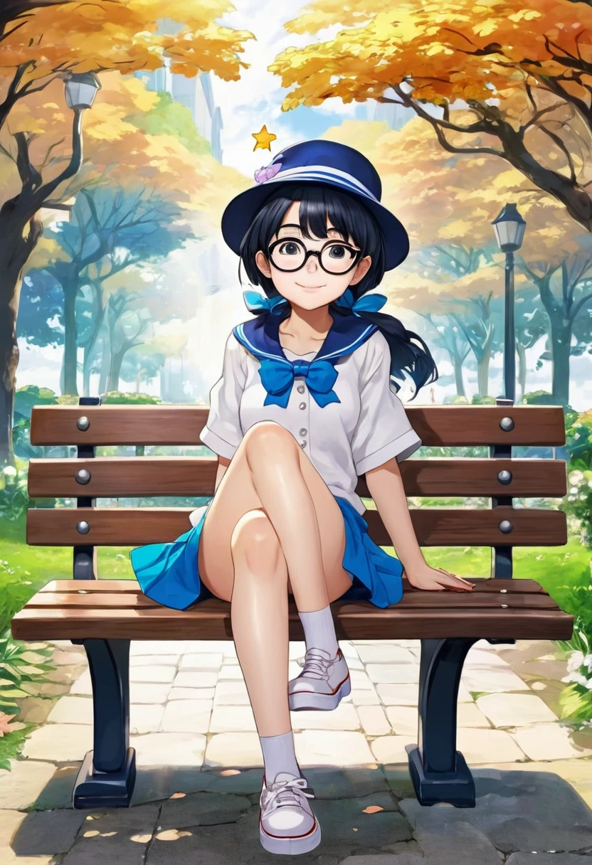 Anime girl with glasses and a hat sitting on a bench, Marin Kitagawa Fanart, Cute girl anime visuals, Arale-chan, As an anime character, Anime Moe Art Style, Magic , safebooru anime images, y 2 k cutecore crowncore, Short full body portrait!, Sitting with legs spread