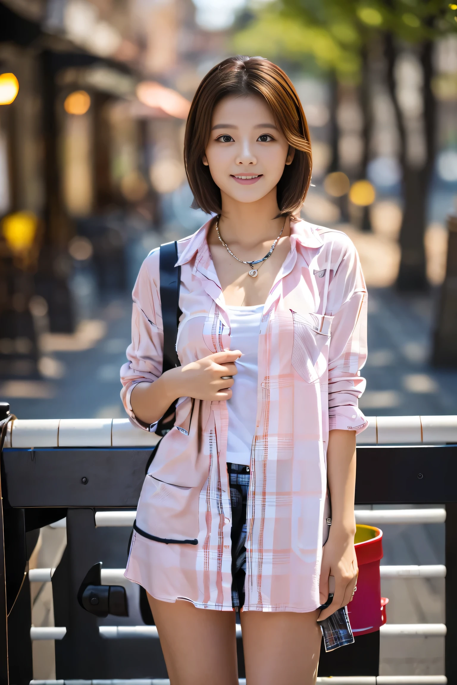 (Full body shot from head to toe:1.5),(18-year-old female), (The best quality at its best:1.4), (Super detailed), (Very detailed CG unified 16k), Beautiful woman with perfect figure: 1.4, Sharp focus: 1.2, Very detailed, High-quality RAW color photos, Professional photography, Great face and eyes, Beautiful eyelashes、cosmetics, (Amazingly beautiful girl), ((Pink gingham check shirt, White Flared Cart:1.5)), Are standing, Sexy posture，(harbor:1.3), (View from below), Realistic movie faces, Realistic, ((Realistic natural light brown hair color, Realistic blue eyes)),( Short Bob Hair:1.5), (necklace:1.5)、Very beautiful face, Perfect model beauty, Mouth swelling, Highly detailed face and skin texture, Fine grain, double eyelid, Medium chest, smile, Crack, west, (masterpiece), highest quality, High resolution, Very detailed, Blurred Background, Depth of written boundary, Cinema Lighting, Great legs, High heels, Clear, well-maintained skin,