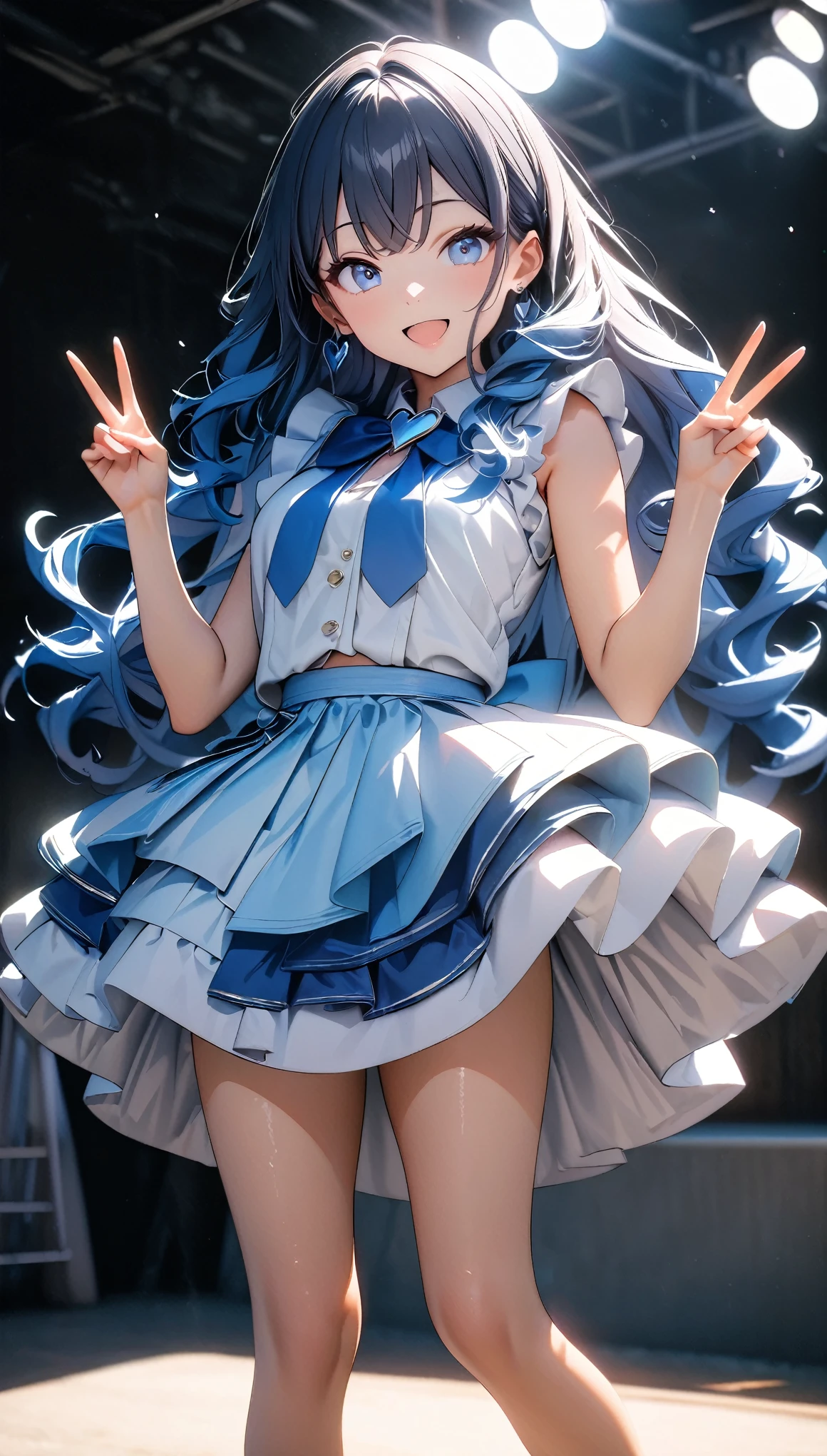 (8k, RAW Photos, 最high quality, masterpiece:1.2), High-quality RAW color photos, Professional photo shoot, Cinematic Light, alone, (((1 girl))), Blue Hair, Long Hair, Wavy Hair, blue eyes, jewelry, Earrings, Idol Costumes, Cute frills, Pastel Blue, Beautiful thighs, flare skirt, (smile:1.5), ((Open your mouth:1.2)), ((Random Action Pose:1.2, My heart is bursting)), (tits), Crouch down, ((peace sign, Double Peace, Peace sign with both hands:1.1)), Beautiful Skin, Shiny skin, Perfect Fingers, Five Fingers, Background blur, high quality, Surreal, Bright colors, ((Very detailed, photo shoot)),