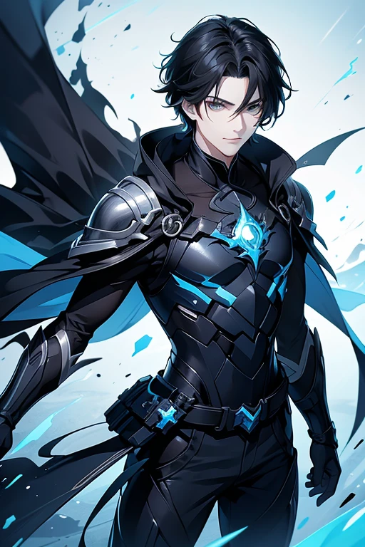 A 26-year-old boy, with short messy black hair, his skin is pale and his eyes are bright blue like the ocean with a blue sky, he has a calm expression, he is the antagonist, he wears a black battle suit, very marked and masculine features. With the slightest shadow of a smile, he is attractive but serious. Digital illustration with anime characters. Digital art.