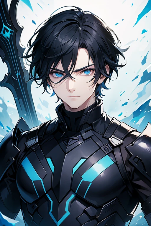 A 26-year-old boy, with short messy black hair, his skin is pale and his eyes are bright blue like the ocean with a blue sky, he has a calm expression, he is the antagonist, he wears a black battle suit, very marked and masculine features. With the slightest shadow of a smile, he is attractive but serious. Digital illustration with anime characters. Digital art.