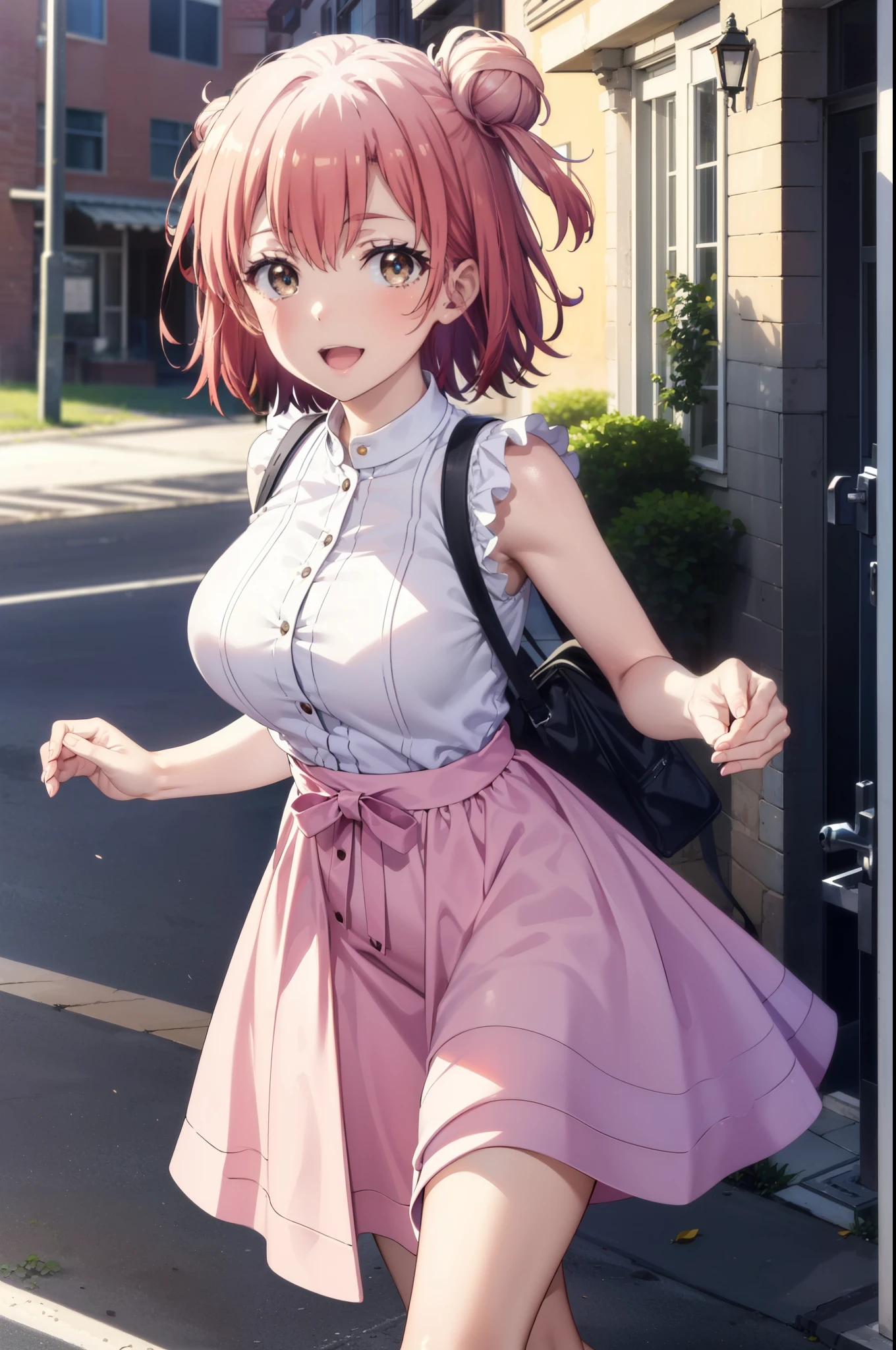 yuiyuigahama, yui yuigahama, short hair, (Brown eyes:1.5), (Pink Hair:1.2), Hair Bun, single Hair Bun, smile, (Big Breasts:1.2),happy smile, smile, Open your mouth,
, Sleeveless pink dress,Pink long skirt,Cute Sandals,walking,Real Summer,Daytime,sunny,whole bodyがイラストの中に入っていくように,
break outdoors ,School　School building,　　　　　　　　　　　　　　　break looking at viewer, whole body,
break (masterpiece:1.2), highest quality, High resolution, unity 8k wallpaper, (shape:0.8), (Beautiful and beautiful eyes:1.6), Highly detailed face, Perfect lighting, Highly detailed CG, (Perfect hands, Perfect Anatomy),