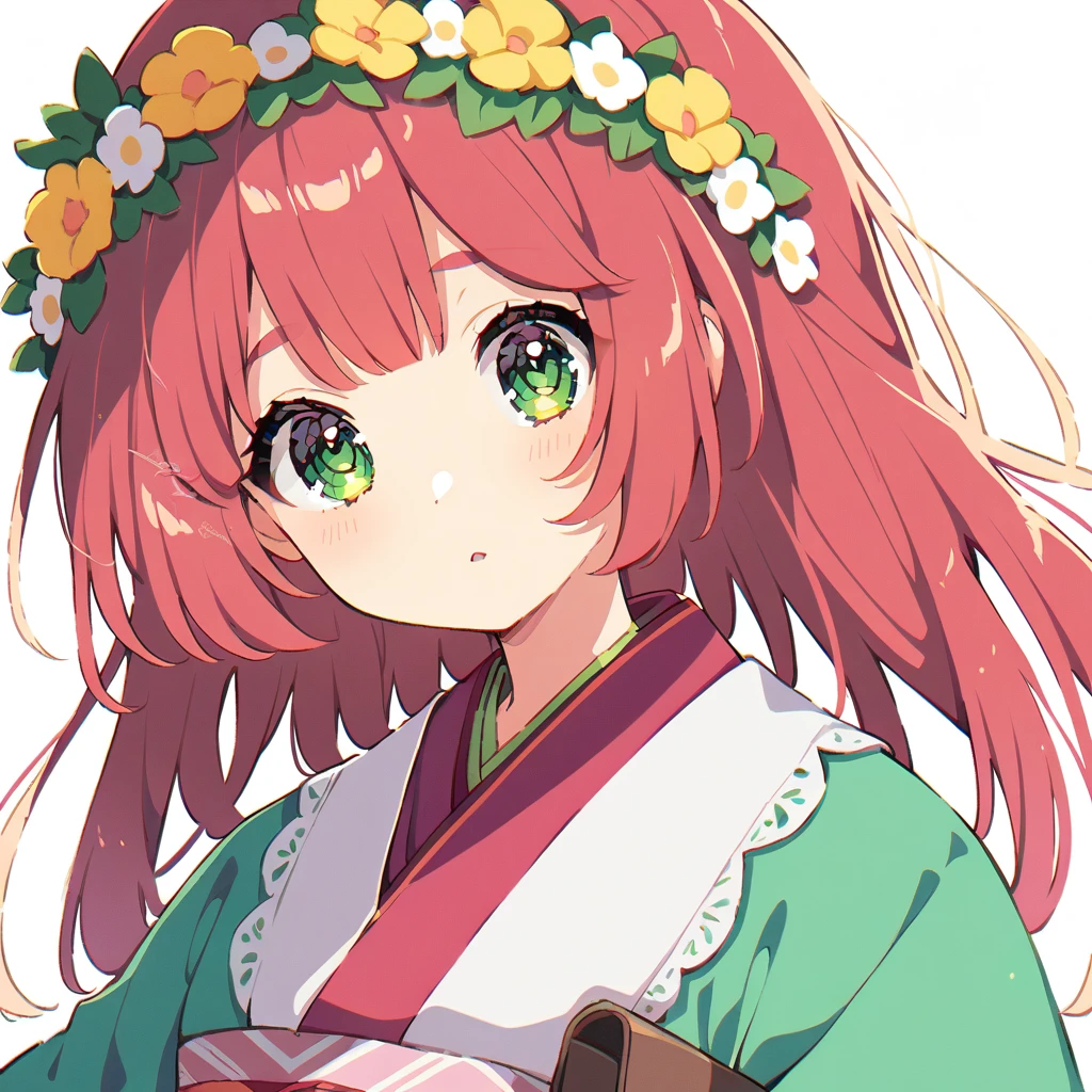 Red hair,girl,Green eyes,The pupils are large,Uniforms,Hanfu,Wearing a wreath,Carrying a red school bag
