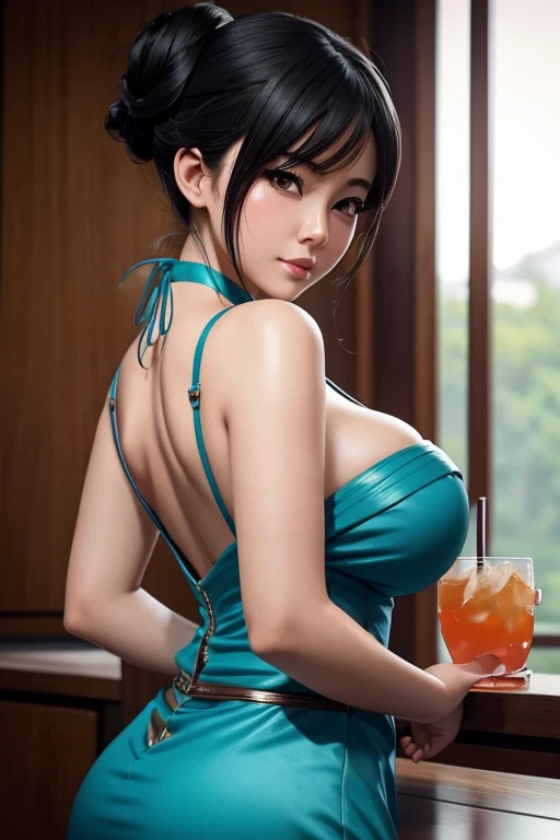 big breasts, perfect ass cleavage a close up of a woman in a dress holding a drink, beautiful alluring anime woman, with a drink, seductive anime girl, sexy girl, chinese girl, pinup, artwork in the style of guweiz, asian girl, japanese goddess, pinup art, trending on cgstation, cleavage, guweiz masterpiece, elegant japanese woman, trending at cgstation