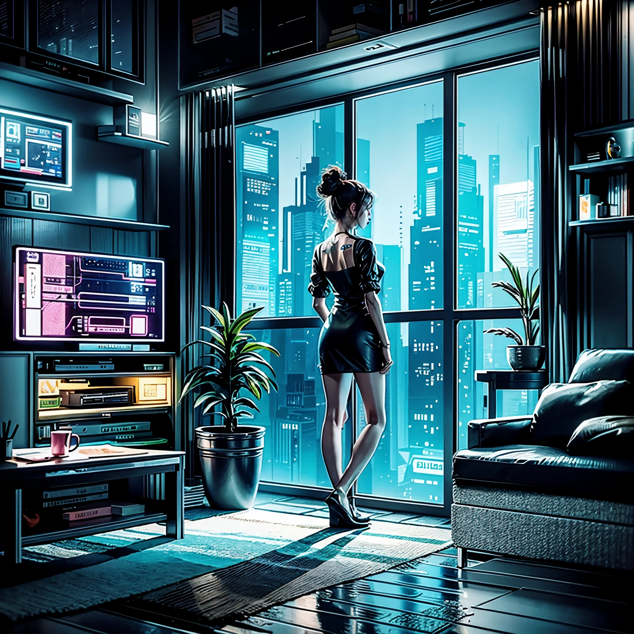 there is a woman standing in a living room looking out the window, cyberpunk art inspired by Alena Aenami, Artstation contest winner, pixel art, style of alena aenami, lofi artstyle, lofi art, art of alena aenami, lo-fi illustration style, lofi girl, artistic. alena aenami, lo-fi art