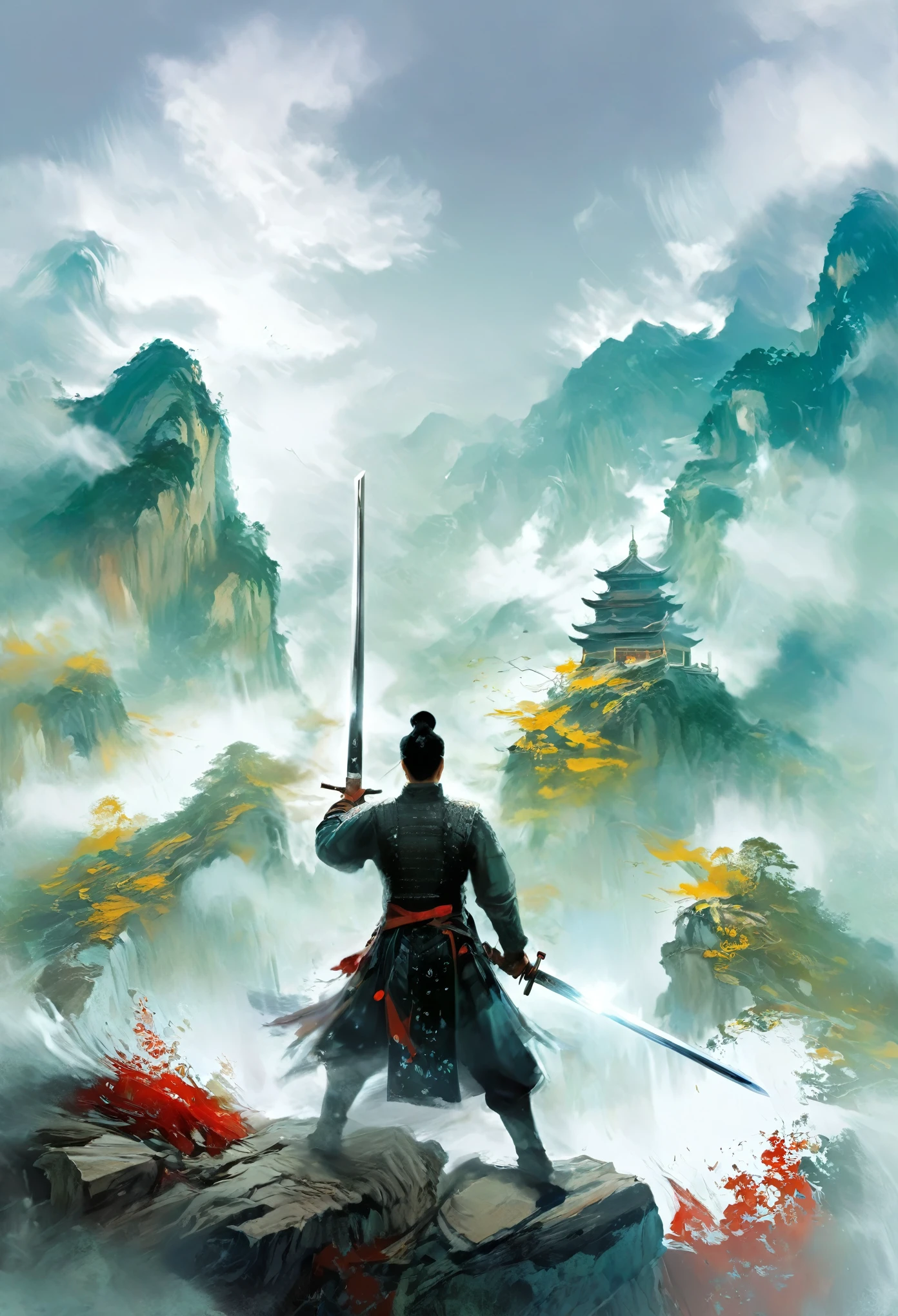 A swordman,medieval art, heroic figure,traditional costume,detailed and sharp sword, intense eyes and focused expression, dynamic pose, dramatic lighting, vibrant colors, high contrast, epic landscape background, misty atmosphere, action-packed, dynamic brushwork, oil painting style, ultra-high resolution, fine details, professional quality.xianxia,guofeng