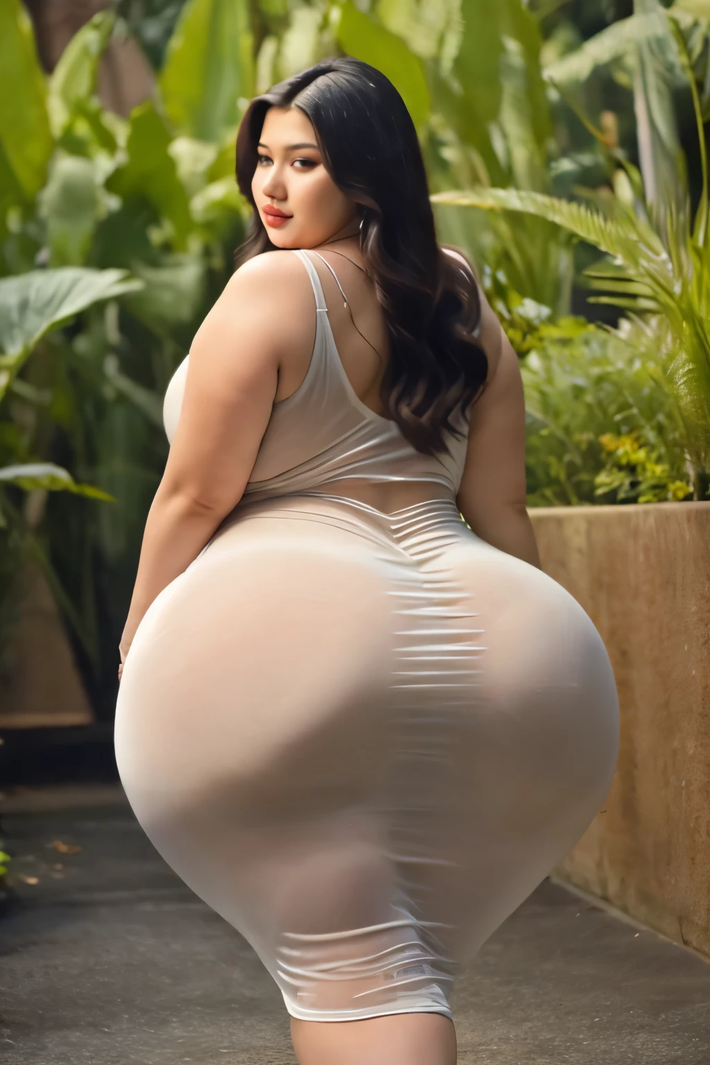 realistic masterpiece, 8K, a woman in a very tight sheer dress for photos, thicc, big booty, thick thighs, wide hips, thick hips, crazy bulging, pawg, thin waist and thick hips, thick body, curvy wavy booty, short dress , beautiful fat woman, widest hips, slim thick booty, simple tight clothes, beautiful curves