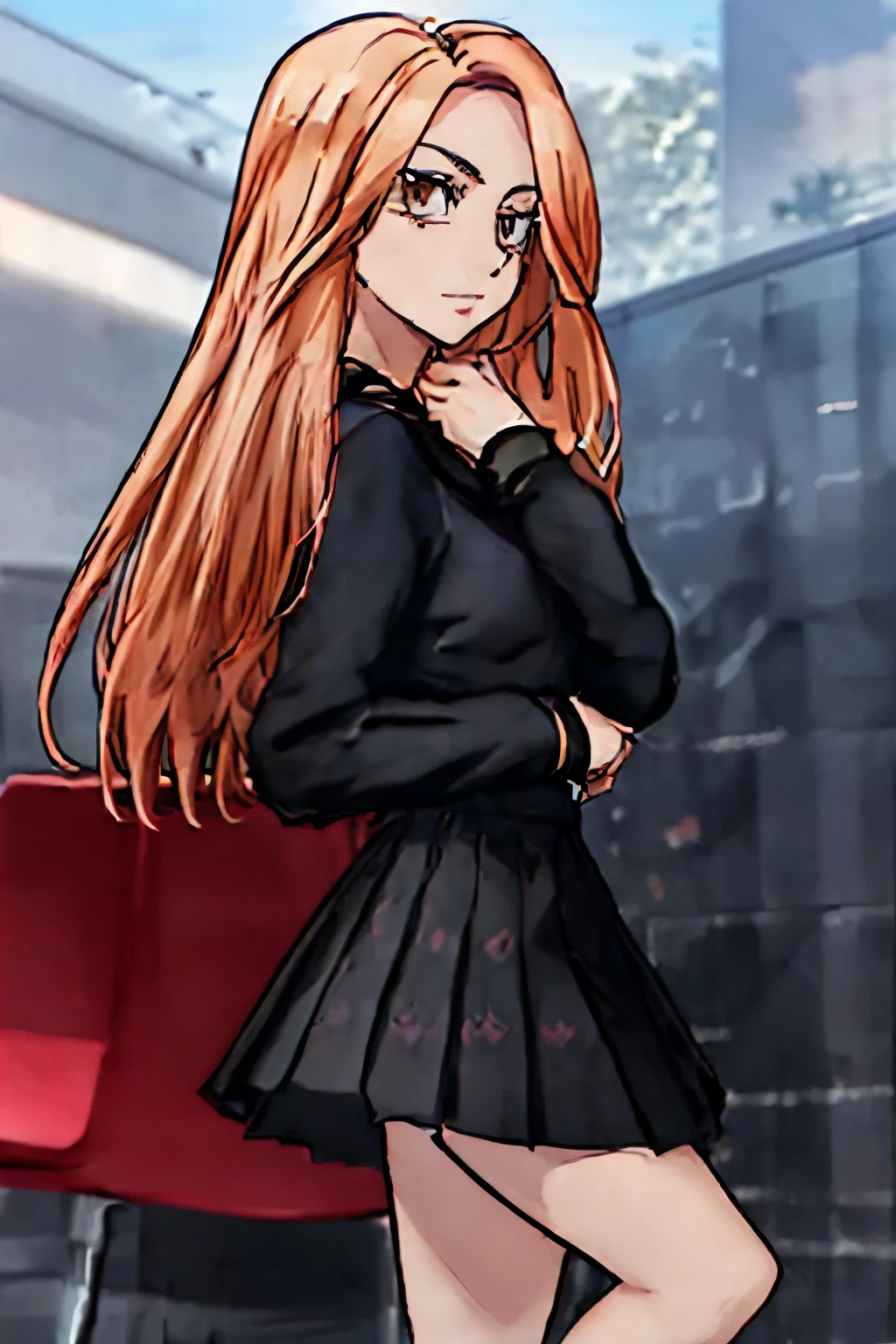 a woman in a black top and skirt posing for a picture, seductive anime girl, anya from spy x family, female anime character, marin kitagawa fanart, anime girl with long hair, anime girl wearing a black dress, blonde anime girl with long hair, nezuko, anime style character, demon slayer rui fanart, nezuko-chan, anime character