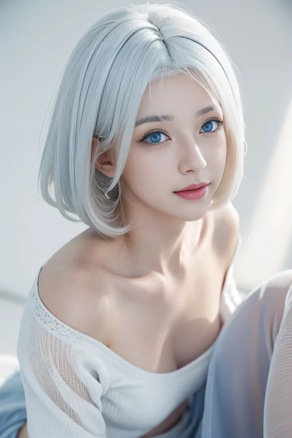 Hair shaking, victory, Long eyelashes, Solid round eyes, A faint smile, Red ears, direction, Surrealism, shadow, comfort, Stereogram, Standing picture, view, Atmospheric perspective, 8k, Super Detail, precise, best quality, Award-winning works, best quality, high resolution, high quality, High Detail, Super Detail, Anatomically correct, Ultra HD, Retina, masterpiece, precise,(blue eyes:1.2)、The most beautiful smile、(white hair:1.5)、、short hair, (original photography、top quality)、(realism、Reality:1.3)、top quality、masterpiece、Extremely beautiful、Very detailed的、nffsw、Sense of solidarity、2k wallpapers、Gorgeous、Pretty Face,every detail、masterpiece、A faint smile、top quality、Highly detailed Unity 8k wallpaper、Huge file size、Super detailed、high resolution、Very detailed、1 female、Slim、D cup、(Black pantyhose:0.7)、(Pink skirt:1.2)、Appearance、Stay focused、Close-up of face、Pure face_V1:0.8 short hair、Instagram、viewer'View、Selfie