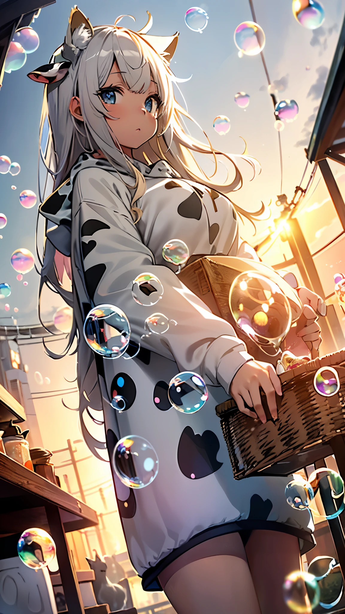 Masterpiece, 4K, bokeh, (Cat ears:1.3), Beautiful high school girls, white long hair, Looking at the viewer, (Cow pattern hoodie:1.3), (Many Large soap bubbles are flying:1.5), (sundown Shopping mole:1.3), (fisheye lens:1.3),
(Closeup:1.2),(From below:1.3)