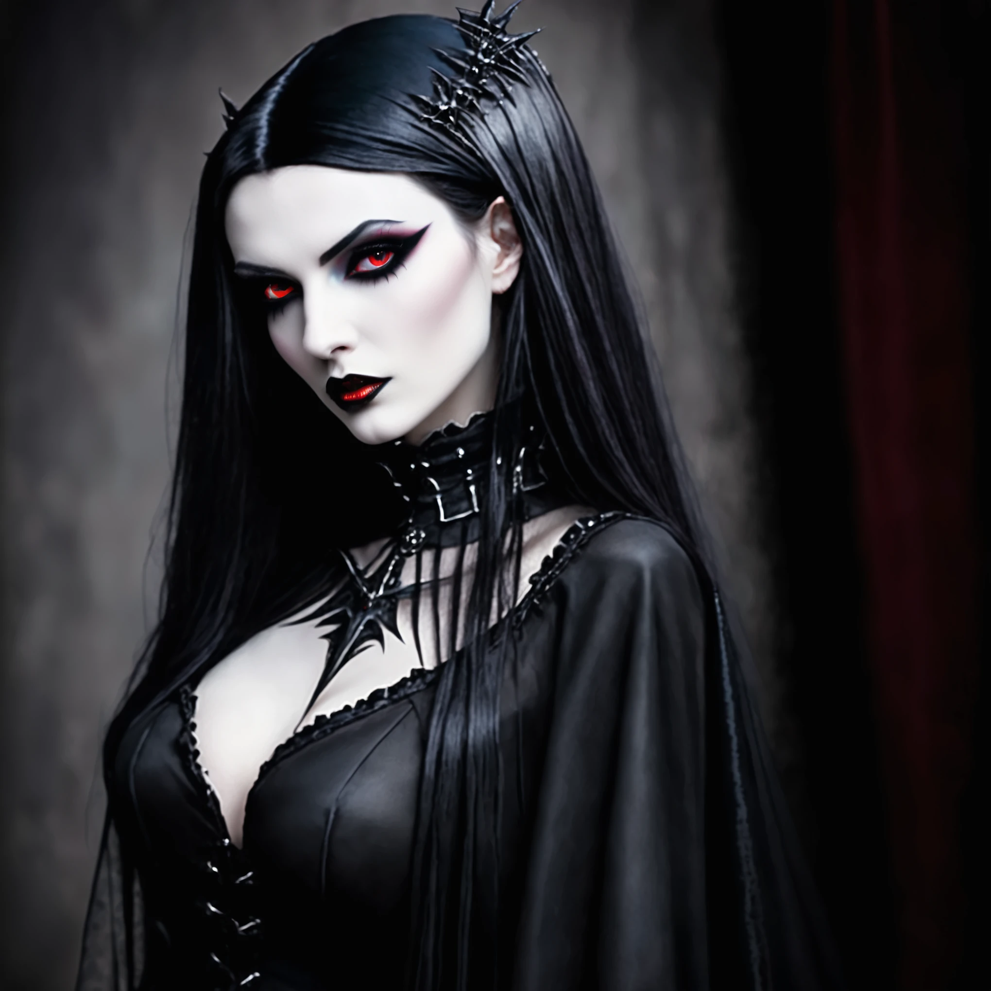arafed woman in a black dress with red eyes and a black cape, beautiful vampire female queen, dark goth queen, goth woman, beautiful vampire queen, dark goth queen with blue eyes, very beautiful goth top model, beautiful female vampire, gothic maiden of the dark, portrait of beautiful vampire, gothic maiden, pale goth beauty, dark vampire, beautiful scary female vampire