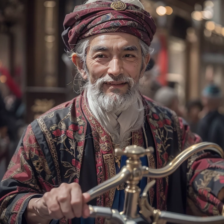 Ride an antique bicycle in baker street 、Hair flows、 ((highest quality、masterpiece、8k、best image quality、ultra high resolution、Award-winning work)、(accurate anatomy:1.1)、(look at me and smile:1.1)、Shining fair skin with ultra high resolution、most detailed face、ultra high resolution detailed face、ultra high resolutionの髪の毛、(ultra high resolutionの煌めく瞳:1.1)、Beautiful face drawn in every detail、(blurred background:1.1)、ancient Islamic clothes, chest together, tattoo,