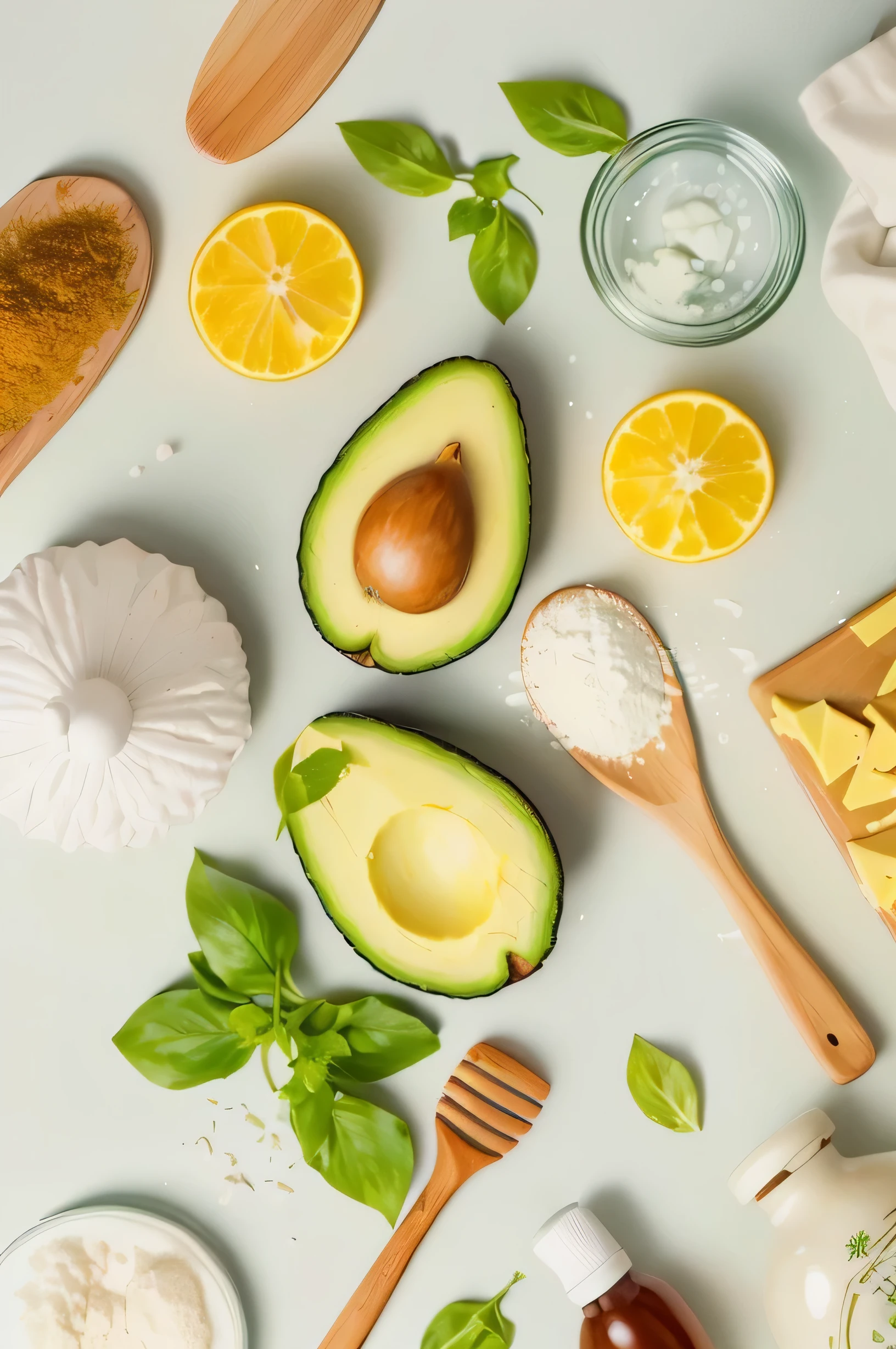 close up:Various ingredients and a wooden spoon are placed on the table, Ingredients on the table, Wang Chen, Natural skin, Cleansing face and body skin, Product introduction photos, Avocado and cheddar cheese, Food Styling, High-quality food photography, Natural skin tone, Food 4k, Avocado Dream, Commercial Product Photography, Food Stylist, Smooth and healthy skin