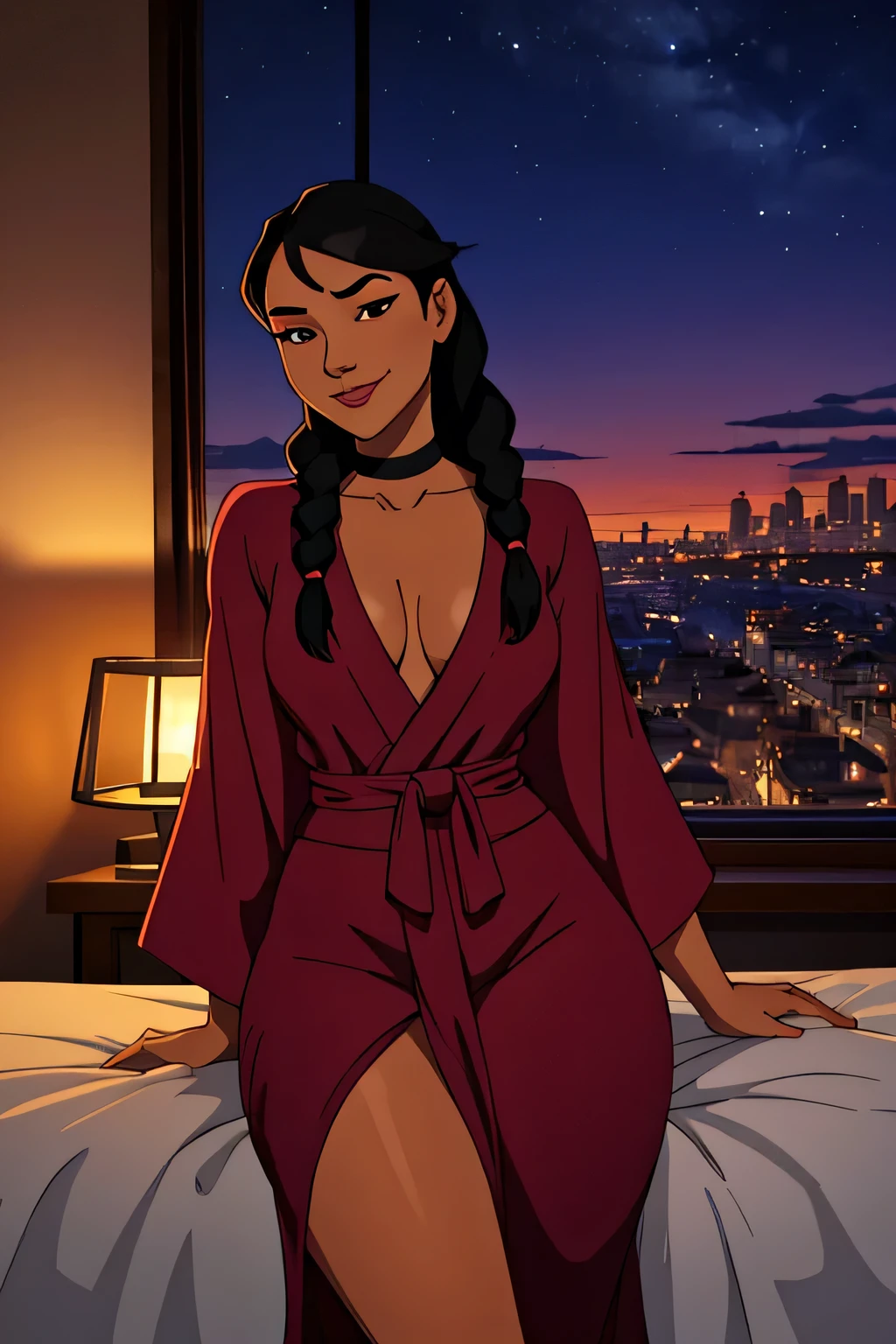 Steven universe environement, houses, cozy town, cityscape, Garnet visible in distance, beautful night sunset sky, view from a bedroom window, beautiful woman looking out window with back to viewer wearing silk robe, long black hair in twin braids, juicy thighs, perfectly shaped buttocks, 26 years old, brown eyes, choker, tan skin, surprised look, coy smile