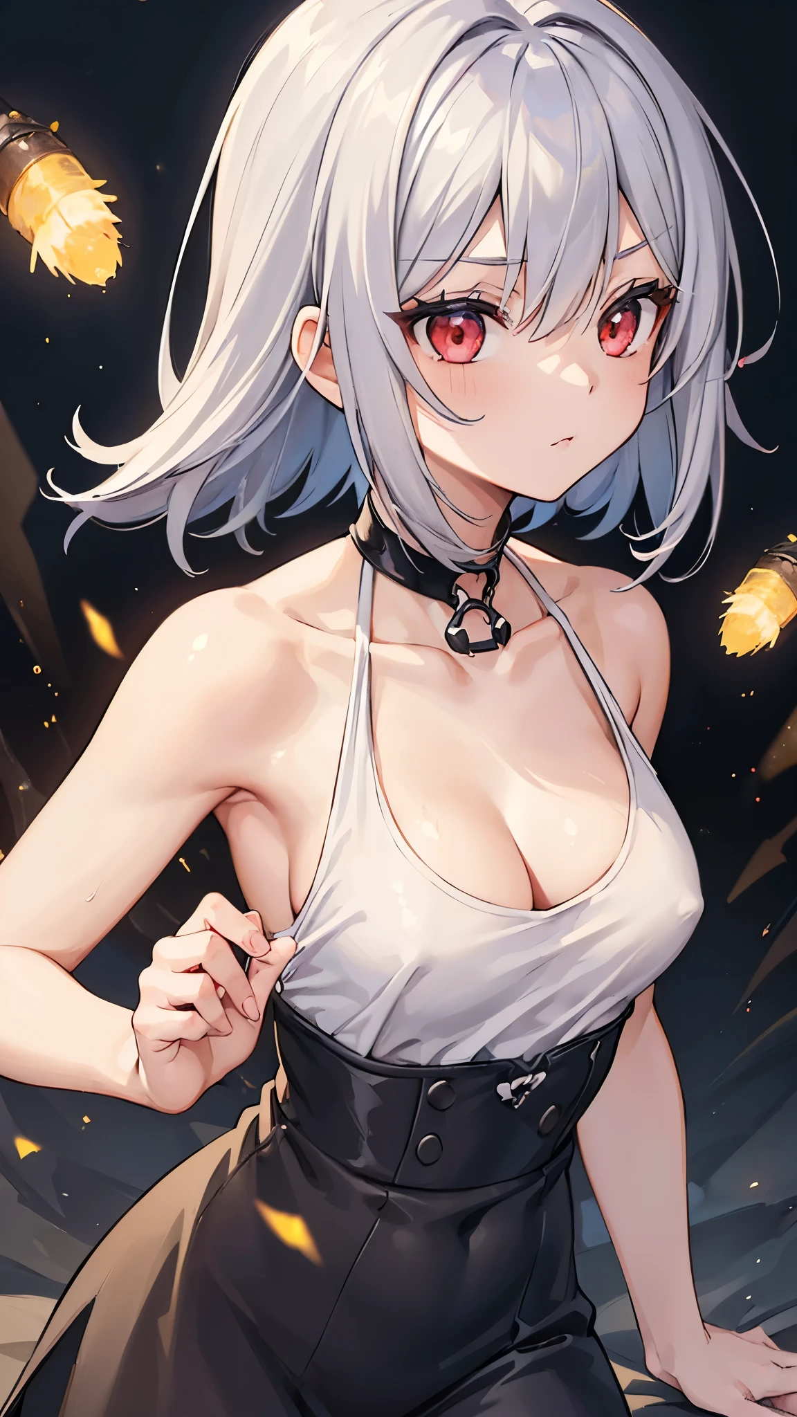 (One girl:1.5), Gray Hair, Red eyes, (clavicle:1.4), A man made of fireflies, Surrounded by fireflies. Mid-chest