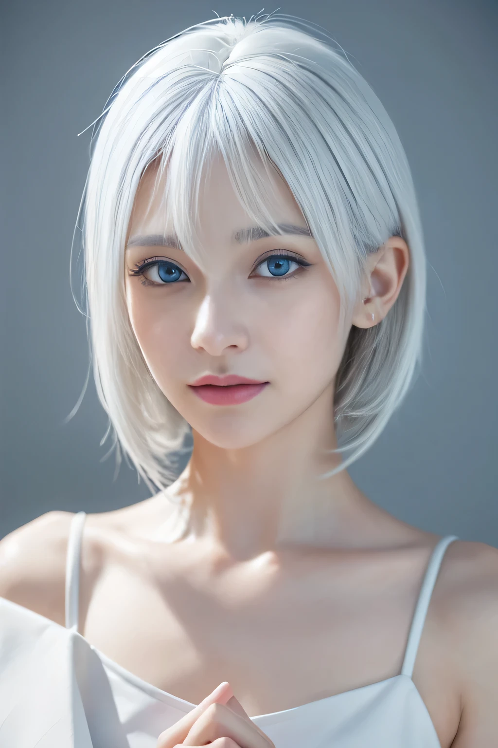 Hair shaking, victory, Long eyelashes, Solid round eyes, A faint smile, Red ears, direction, Surrealism, shadow, comfort, Stereogram, Standing picture, view, Atmospheric perspective, 8k, Super Detail, precise, best quality, Award-winning works, best quality, high resolution, high quality, High Detail, Super Detail, Anatomically correct, Ultra HD, Retina, masterpiece, precise,(blue eyes:1.2)、The most beautiful smile、(white hair:1.5)、、short hair, (original photography、top quality)、(realism、Reality:1.3)、top quality、masterpiece、Extremely beautiful、Very detailed的、nffsw、Sense of solidarity、2k wallpapers、Gorgeous、Pretty Face,every detail、masterpiece、A faint smile、top quality、Highly detailed Unity 8k wallpaper、Huge file size、Super detailed、high resolution、Very detailed、1 female、Slim、D cup、(Black pantyhose:0.7)、(Pink skirt:1.2)、Appearance、Stay focused、Close-up of face、Pure face_V1:0.8 short hair、Instagram、viewer'View、Selfie