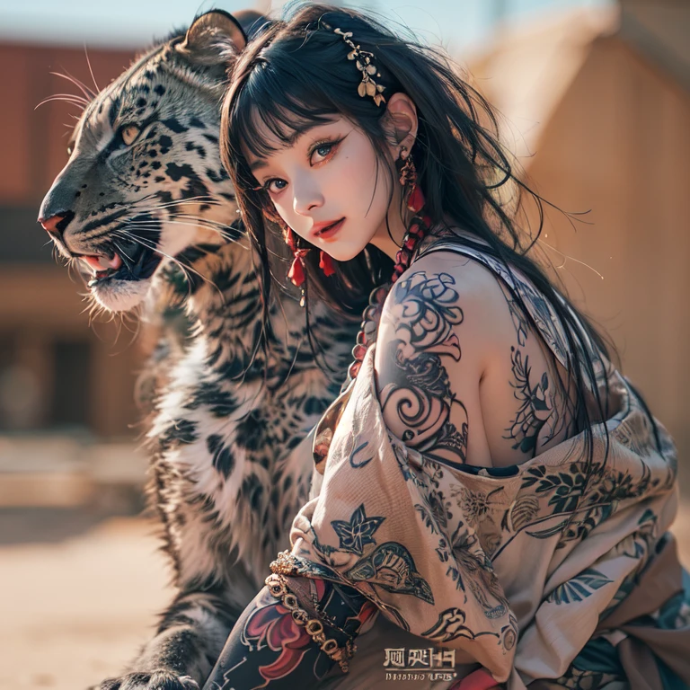 Hide in the desert、Hair flows、 ((highest quality、masterpiece、8k、best image quality、ultra high resolution、Award-winning work)、(accurate anatomy:1.1)、(look at me and smile:1.1)、Shining fair skin with ultra high resolution、most detailed face、ultra high resolution detailed face、ultra high resolution hair、(ultra high resolutionのeyes :1.1)、Beautiful face drawn in every detail、(blurred background:1.1)、ancient Islamic clothes, chest together, tattoo, Old ruins in the background、black leopard