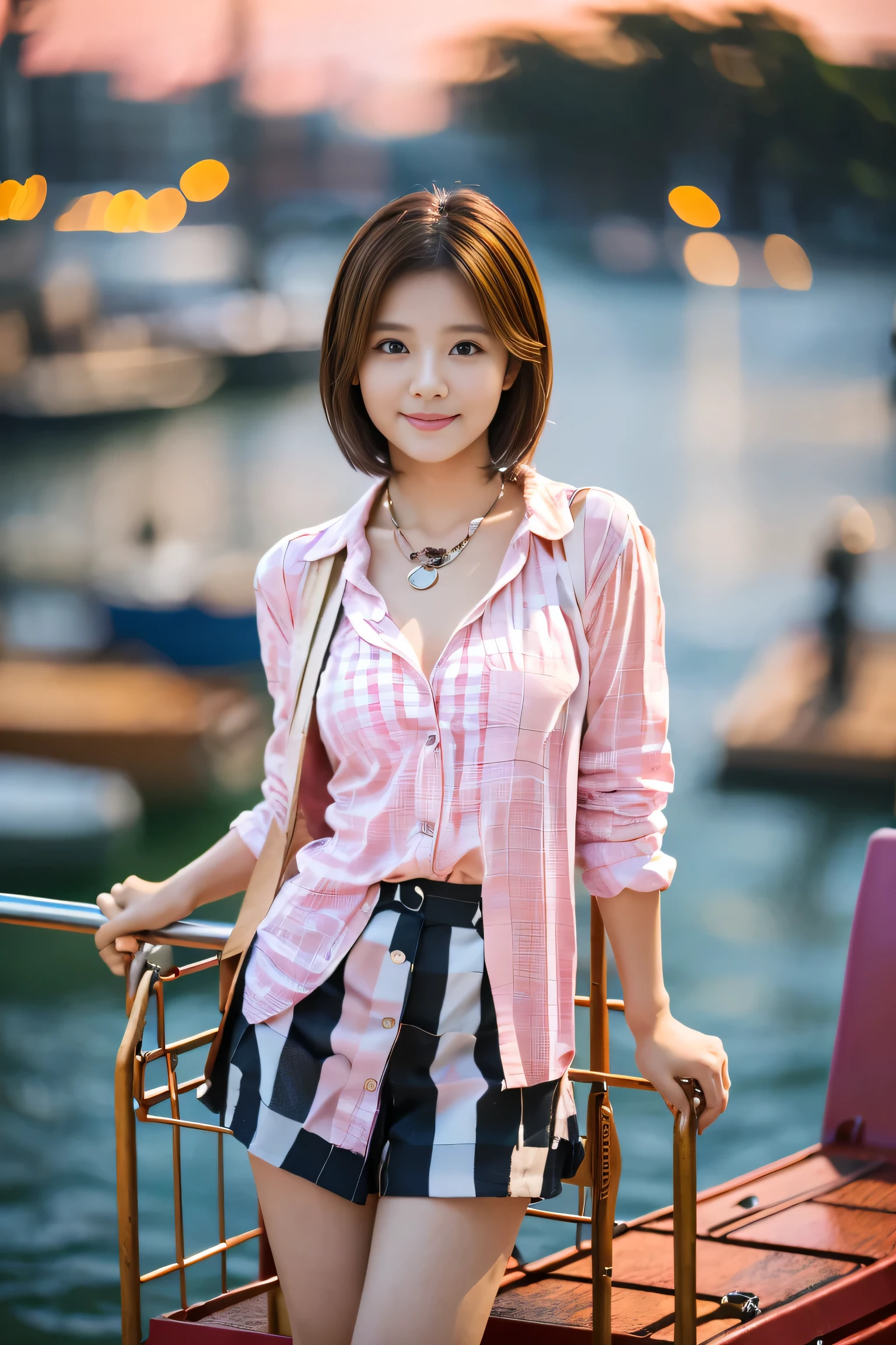 (Full body shot from head to toe:1.5),(18-year-old female), (The best quality at its best:1.4), (Super detailed), (Very detailed CG unified 16k), Beautiful woman with perfect figure: 1.4, Sharp focus: 1.2, Very detailed, High-quality RAW color photos, Professional photography, Great face and eyes, Beautiful eyelashes、cosmetics, (Amazingly beautiful girl), ((Pink gingham check shirt:1.5)), ((White Flared Cart:1.5)), Are standing, Sexy posture，(harbor:1.3), (View from below), Realistic movie faces, Realistic, ((Natural light brown hair color, Realistic blue eyes)),( Short Bob Hair:1.5), (necklace:1.5)、Very beautiful face, Perfect model beauty, Mouth swelling, Highly detailed face and skin texture, double eyelid, Medium chest, smile, (masterpiece), highest quality, High resolution, Very detailed, Blurred Background,  Cinema Lighting, Great legs, High heels, Clear, well-maintained skin,