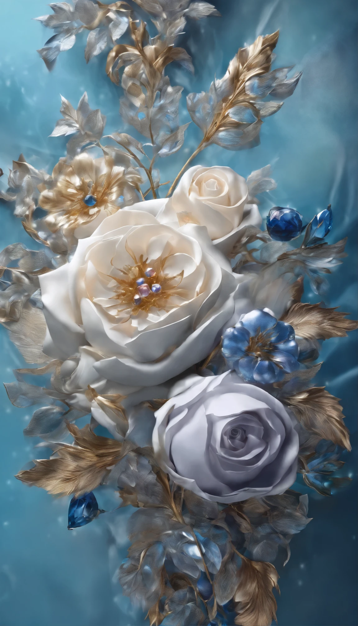 All expressed with colorfull jewels, the arrival of spring, various beautiful blue roses, angles looking up from below, various jewels falling from the sky, wonderful and beautiful superb view, slightly hazy, fantastic, high resolution, 8K, (best quality, highres, realistic:1.37), shiny metallic flowers, intricate and delicate petals, reflective surfaces, vibrant colors, intricate details, close-up view, surreal garden, surreal beauty, dreamy atmosphere, fine art, abstract botanicals, metallic sculpture, contrasting textures, ethereal glow