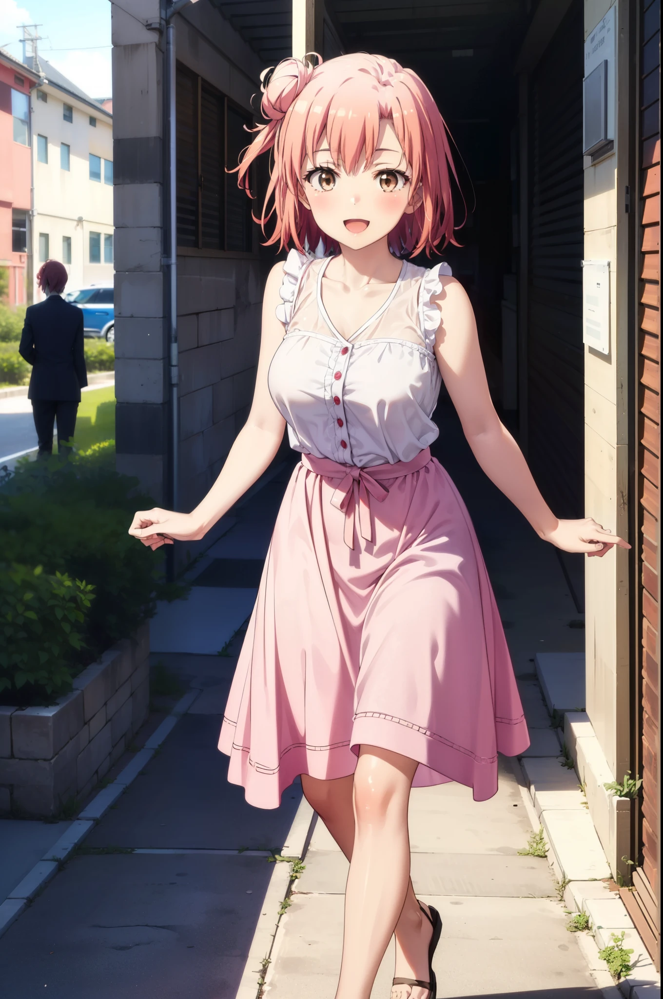 yuiyuigahama, yui yuigahama, short hair, (Brown eyes:1.5), (Pink Hair:1.2), Hair Bun, single Hair Bun, smile, (Big Breasts:1.2),happy smile, smile, Open your mouth,
, Sleeveless pink dress,Pink long skirt,Cute Sandals,walking,Real Summer,Daytime,sunny,whole bodyがイラストの中に入っていくように,
break outdoors ,School　School building,　　　　　　　　　　　　　　　break looking at viewer, whole body,
break (masterpiece:1.2), highest quality, High resolution, unity 8k wallpaper, (shape:0.8), (Beautiful and beautiful eyes:1.6), Highly detailed face, Perfect lighting, Highly detailed CG, (Perfect hands, Perfect Anatomy),