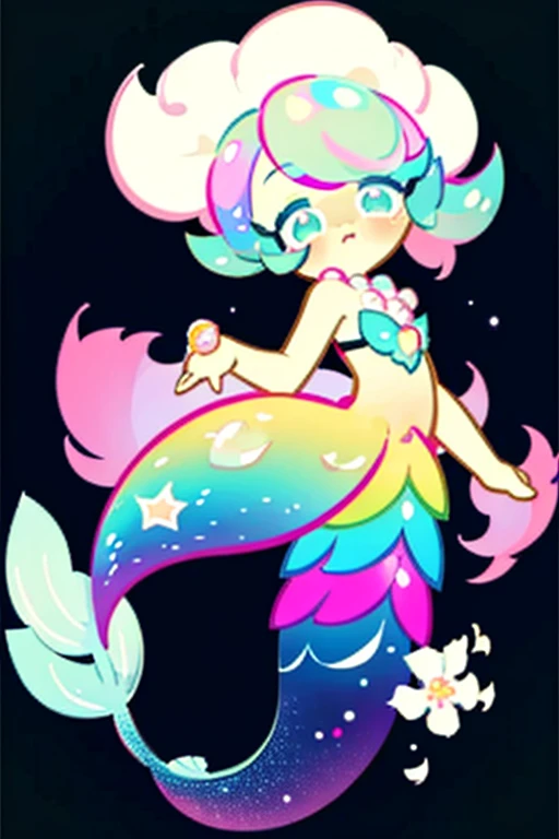 on the stage,whole body,anime,transparency, seabed, bottom, rainbow, pearl, mermaid, transparent body, lolita style, lolita, flowers, pearl