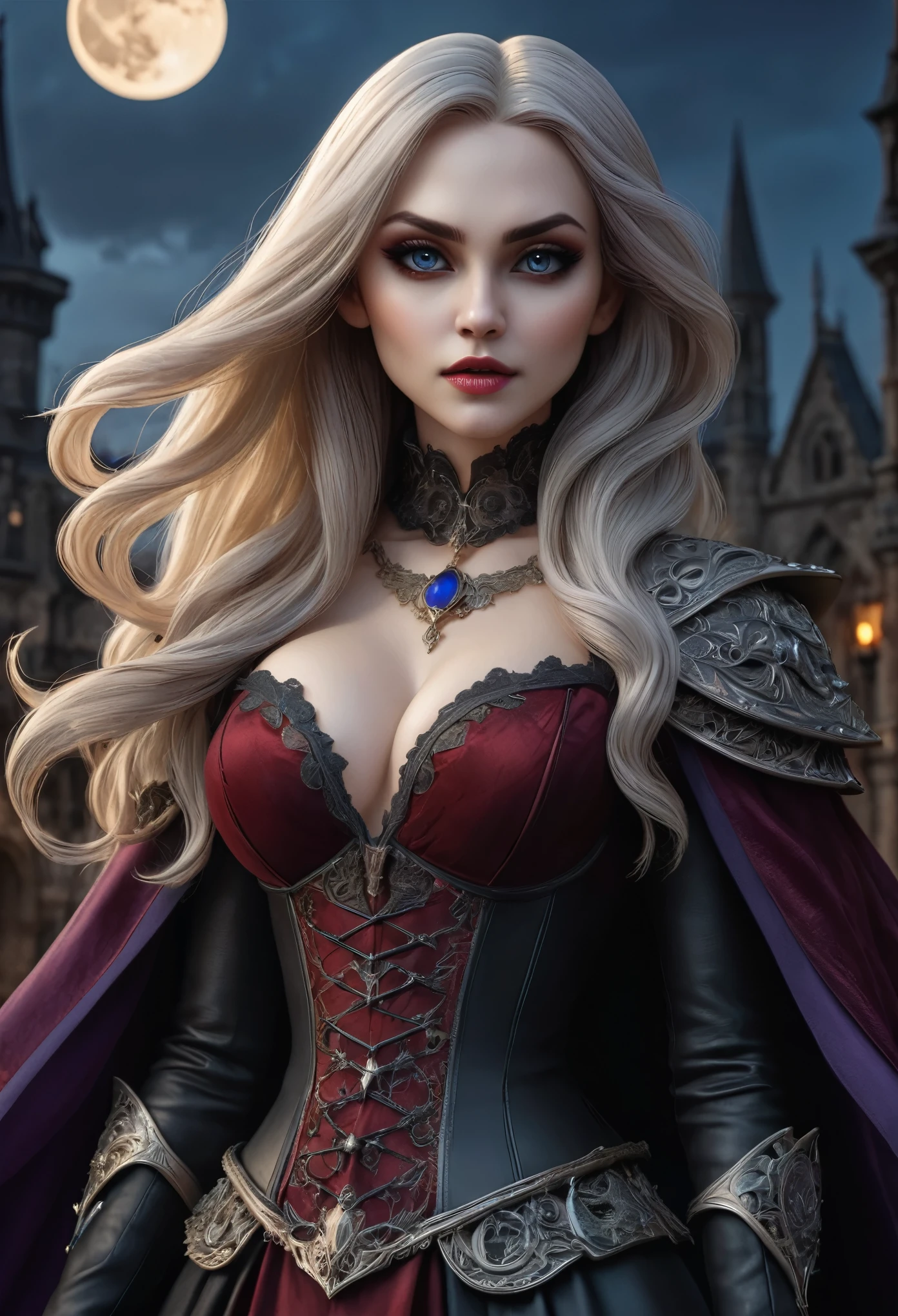 fantasy art, gothic art, (masterpiece:1.5), full body best details, highly detailed, best quality, Glowing Purple, highres, full body portrait of a vampire, elf (Masterpiece, best quality: 1.6), ultra feminine, wizard, (intricate details, Masterpiece, best quality: 1.5) with a long curvy hair, light color hair, blue eyes, (fantasy art, Masterpiece, best quality), ((beautiful delicate face)), Ultra Detailed Face (intricate details, fantasy art, Masterpiece, best quality: 1.5), [[vampiric fangs 1.5]] (red cloak: 1.3) , flowing cloak (intricate details, fantasy art, Masterpiece, best quality: 1.3), wearing an intricate black dress (intricate details, fantasy art, Masterpiece, best quality: 1.5), high heeled boots, urban background (intense details, beat details), fantasy, at night light, natural ,moon light, clouds, gothic atmosphere, soft light, dynamic light, [[anatomically correct]], high details, best quality, 8k, [ultra detailed], masterpiece, best quality, (extremely detailed), dynamic angle