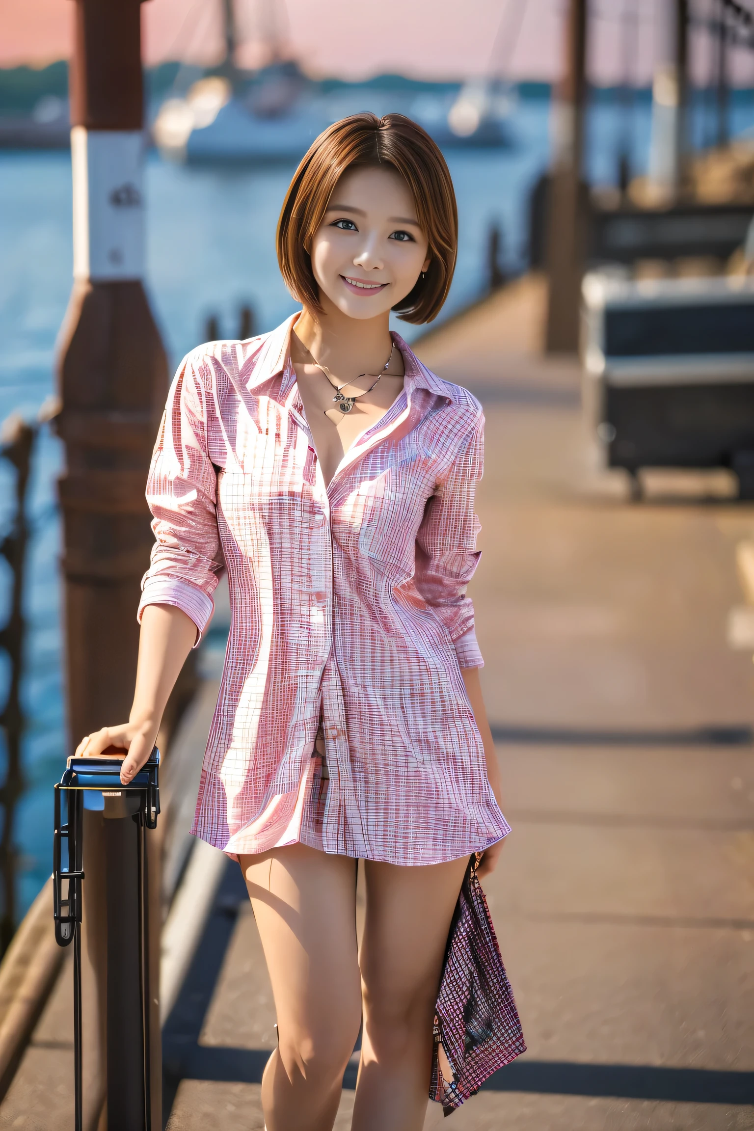 (Full body shot from head to toe:1.5),(18-year-old female), (The best quality at its best:1.4), (Super detailed), (Very detailed CG unified 16k), Beautiful woman with perfect figure: 1.4, Sharp focus: 1.2, Very detailed, High-quality RAW color photos, Professional photography, Great face and eyes, Beautiful eyelashes、cosmetics, (Amazingly beautiful girl), ((Pink gingham check shirt:1.5)), ((White Flared Cart:1.5)), Are standing, Sexy posture，(harbor:1.3), (View from below), Realistic movie faces, Realistic, ((Natural light brown hair color, Realistic blue eyes)),( Short Bob Hair:1.5), (necklace:1.5)、Very beautiful face, Perfect model beauty, Mouth swelling, Highly detailed face and skin texture, double eyelid, Medium chest, smile, (masterpiece), highest quality, High resolution, Very detailed, Blurred Background,  Cinema Lighting, Great legs, High heels, Clear, well-maintained skin,