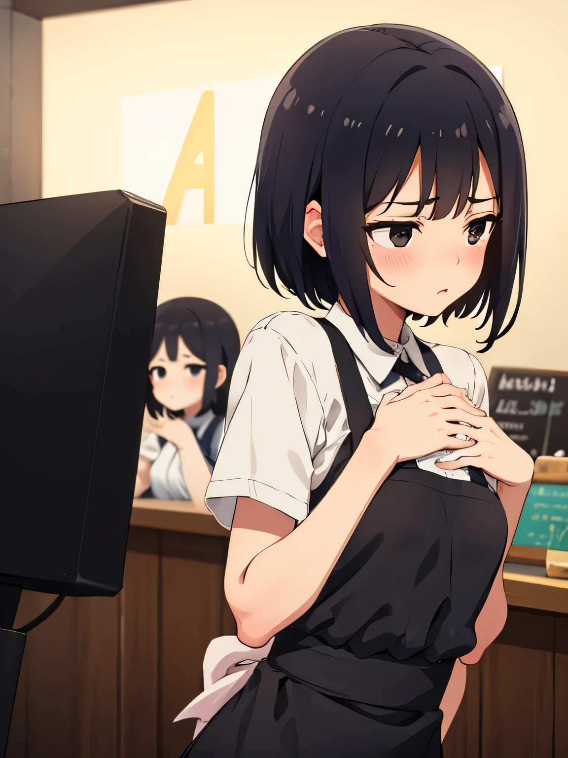 Beautiful girls, short hair, Small breasts, Embarrassing, Beautiful fingers, Shyness, worries, Black Hair, Bending over, black eyes, beautiful, cute, high quality, short sleeves, waitress, serving, coffee shop, touched by customers, kissing, many customers