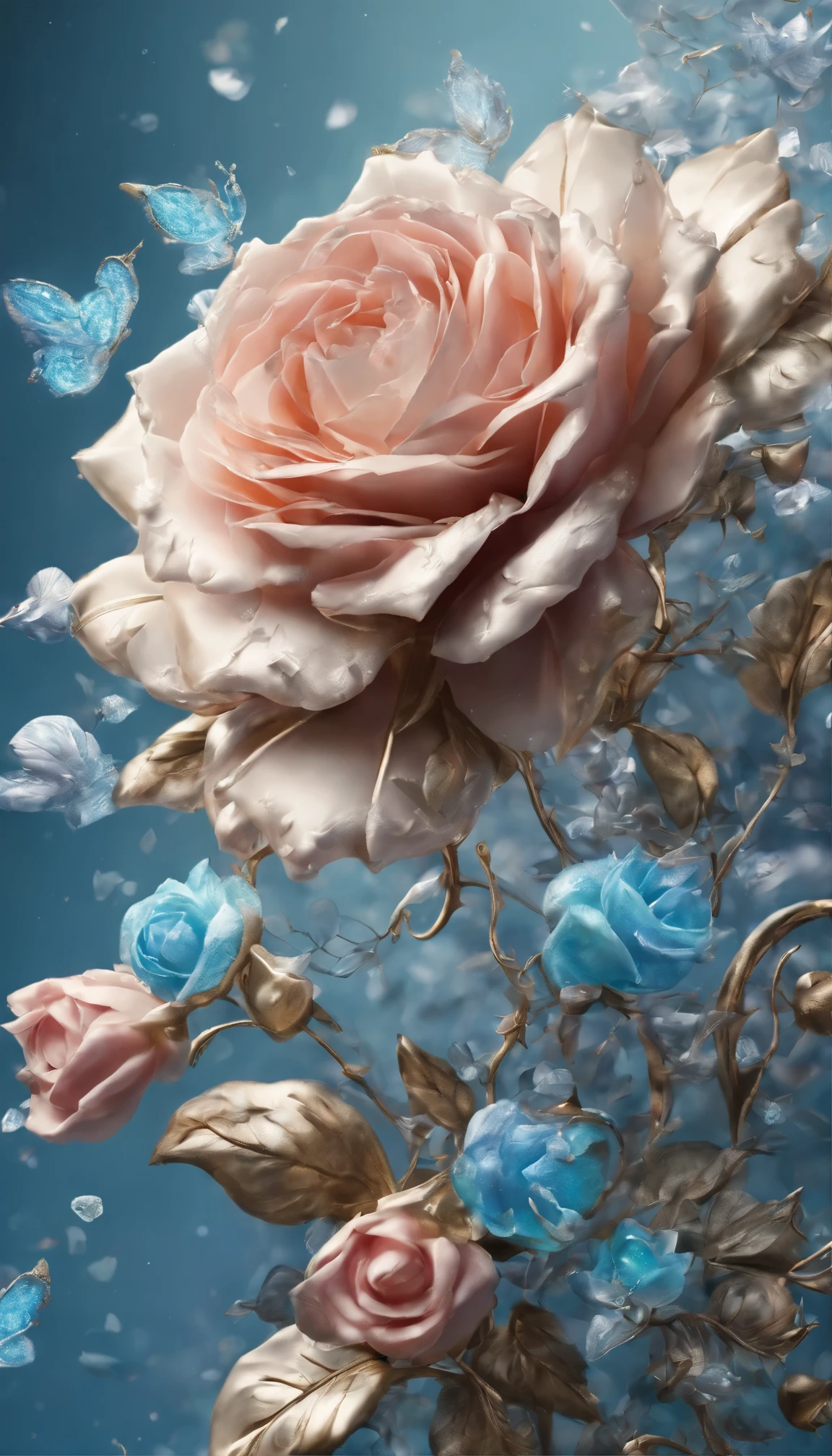All expressed with colorfull jewels, the arrival of spring, various beautiful tiny blue roses, angles looking up from below, various jewels falling from the sky, wonderful and beautiful superb view, slightly hazy, fantastic, high resolution, 8K, (best quality, highres, realistic:1.37), shiny metallic flowers, intricate and delicate petals, reflective surfaces, vibrant colors, intricate details, close-up view, surreal garden, surreal beauty, dreamy atmosphere, fine art, abstract botanicals, metallic sculpture, contrasting textures, ethereal glow