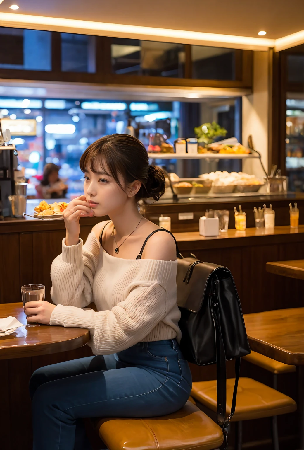 High-resolution images, Atmospheric perspective, 8k, Super Detail, Accurate, highest quality, ((Angle from below)), woman, Droopy eyes, Sleepy face, blush, In the city, busy, skirt, High Boots, Shoulder bag, necklace, club with big windows, Take a seat, My pants are a little visible, (Other customers), Night view, You can see the view of the harbor from the window, food, Put your hair up,