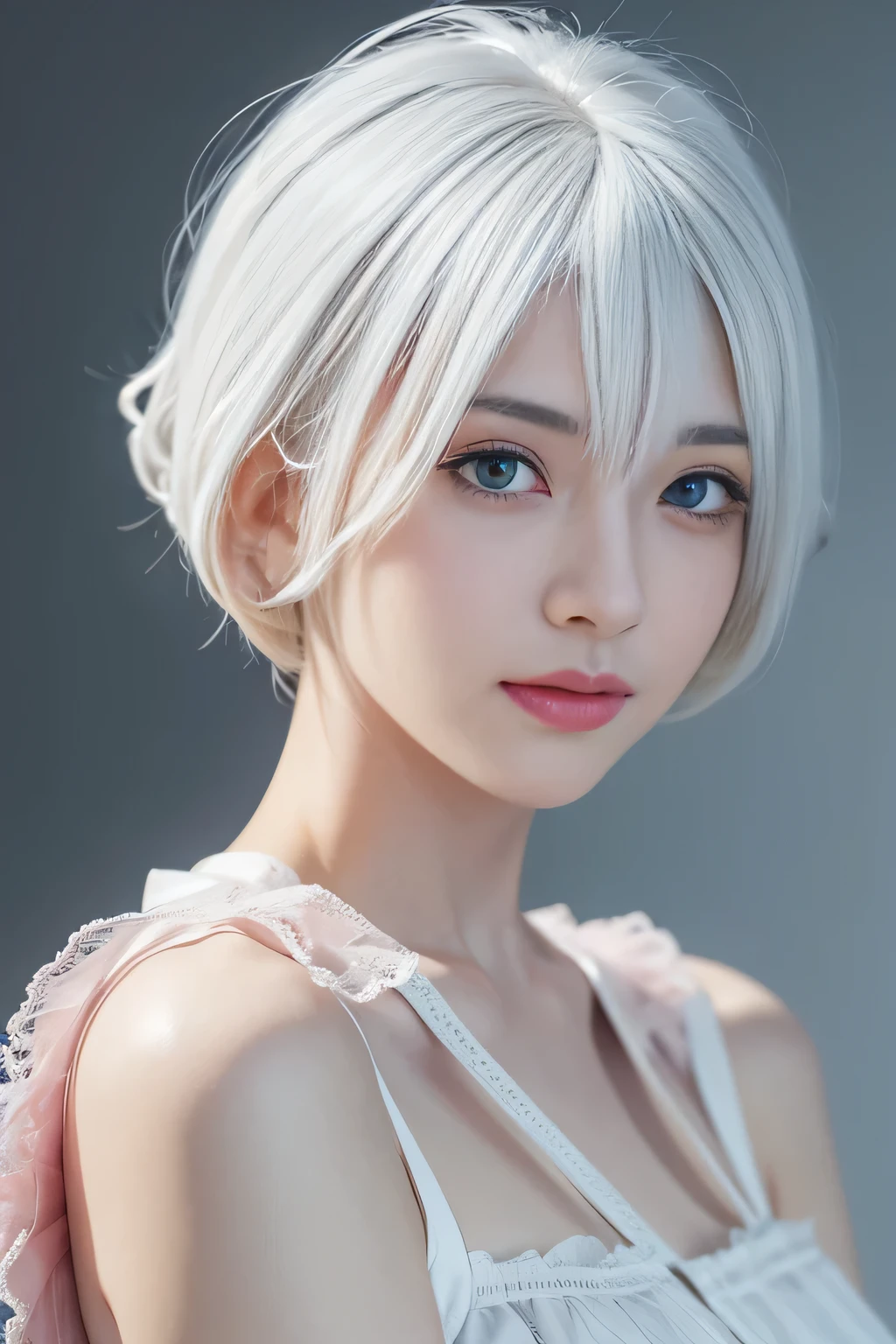 Hair shaking, victory, Long eyelashes, Solid round eyes, A faint smile, Red ears, direction, Surrealism, shadow, comfort, Stereogram, Standing picture, view, Atmospheric perspective, 8k, Super Detail, precise, best quality, Award-winning works, best quality, high resolution, high quality, High Detail, Super Detail, Anatomically correct, Ultra HD, Retina, masterpiece, precise,(blue eyes:1.2)、The most beautiful smile、(white hair:1.5)、、short hair, (original photography、top quality)、(realism、Reality:1.3)、top quality、masterpiece、Extremely beautiful、Very detailed的、nffsw、Sense of solidarity、2k wallpapers、Gorgeous、Pretty Face,every detail、masterpiece、A faint smile、top quality、Highly detailed Unity 8k wallpaper、Huge file size、Super detailed、high resolution、Very detailed、1 female、Slim、D cup、(Black pantyhose:0.7)、(Pink skirt:1.2)、Appearance、Stay focused、Close-up of face、Pure face_V1:0.8 short hair、Instagram、viewer'View、Selfie