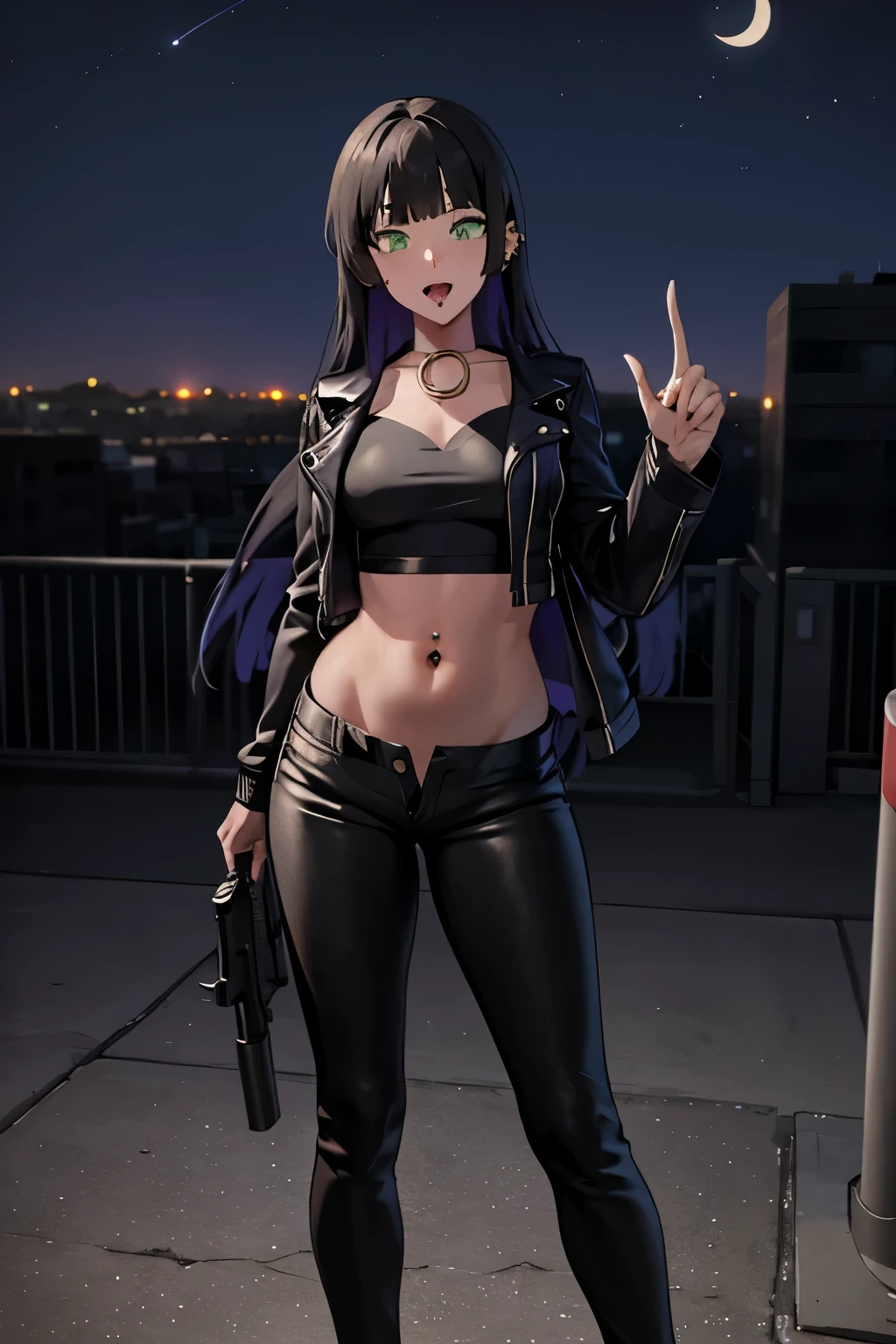 1girl, olnarberal, long hair,  blush, lipstick, masterpiece, best quality, highly detailed, a girls with a gun, evil smile , open mouth, sexy gaze, badass pose , evil smile, smile, guns blazing, anime girl with long hair, beautiful long haired girl, navel, evil expression, exposed belly, exposed navel, exposed midriff, exposed lower belly, long black pants, crop top, cleavage, unbuttoned leather pants ,open fly, low rise black leather pants, leather jacket, holding a gun, navel piercing, sunny day, outdoor,street,road, 