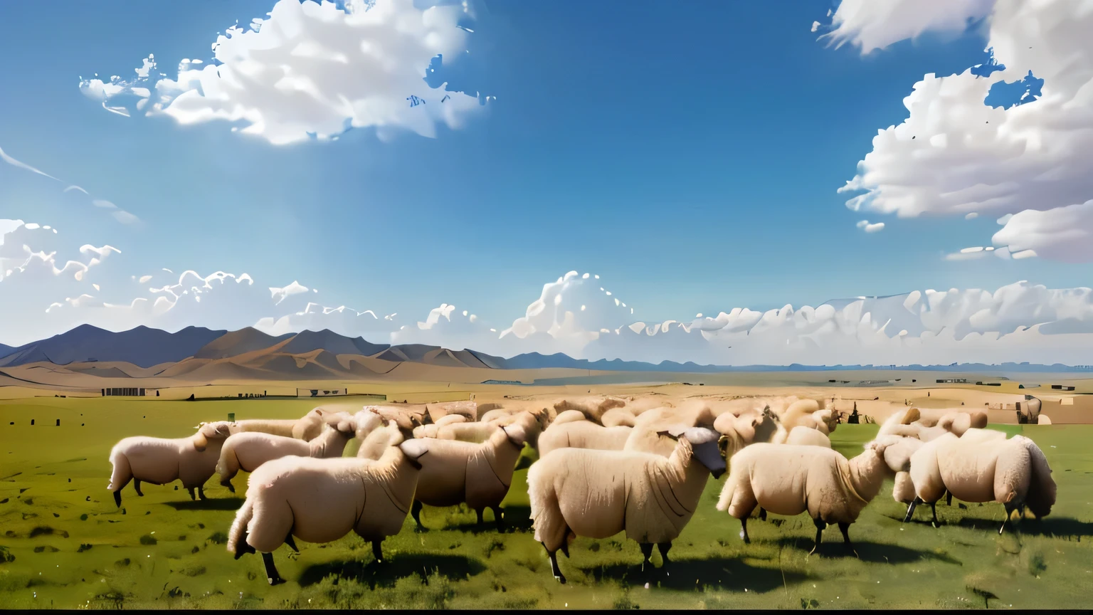 Many Tan sheep grazing on grassland against sky background,Blue sky and white clouds,Bright Light,Ningxia, China, In the distance is the desert,photography,8k,HD,photo,((best quality)), ((masterpiece)), (detailed), perfect face