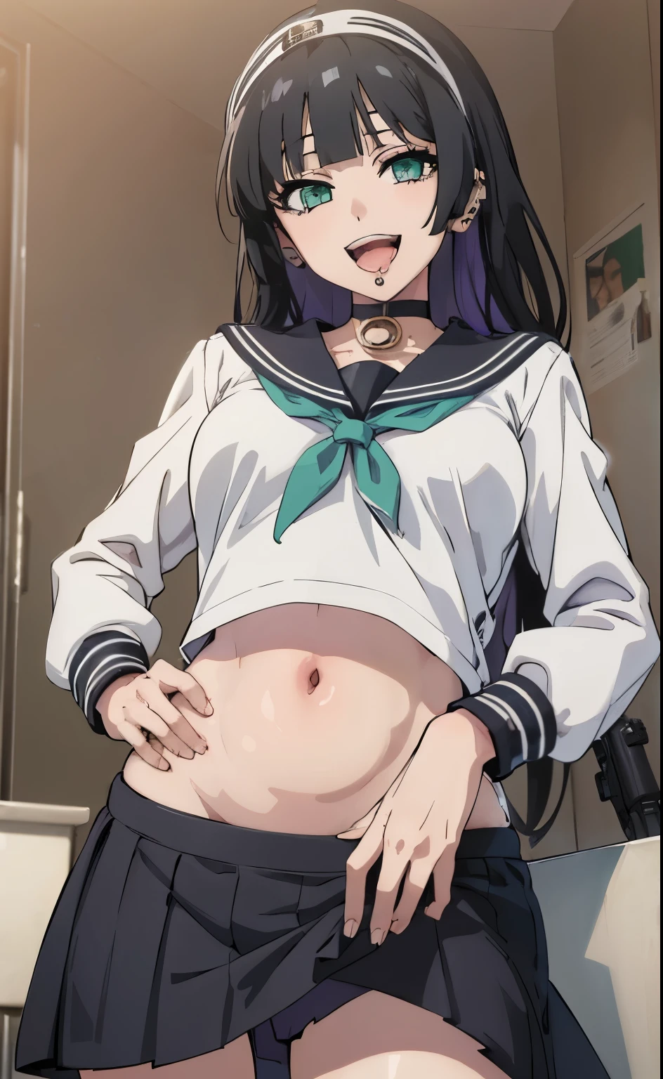 pa-san, blunt bangs, choker, colored inner hair, black hair, purple hair, green eyes
masterpiece, best quality, highly detailed, a anime girls in sailor uniforms with a gun posing for a picture,
evil smile, smile, open mouth,black_serafuku, ecchi anime style, anime girls ,
ecchi style, ecchi, shipgirls, digital anime art!!, high school girls, holding a gun, hold a gun, anime style 4
k, micro skirt, exposed belly, exposed navel, exposed midriff,
exposed lower belly,school, classroom