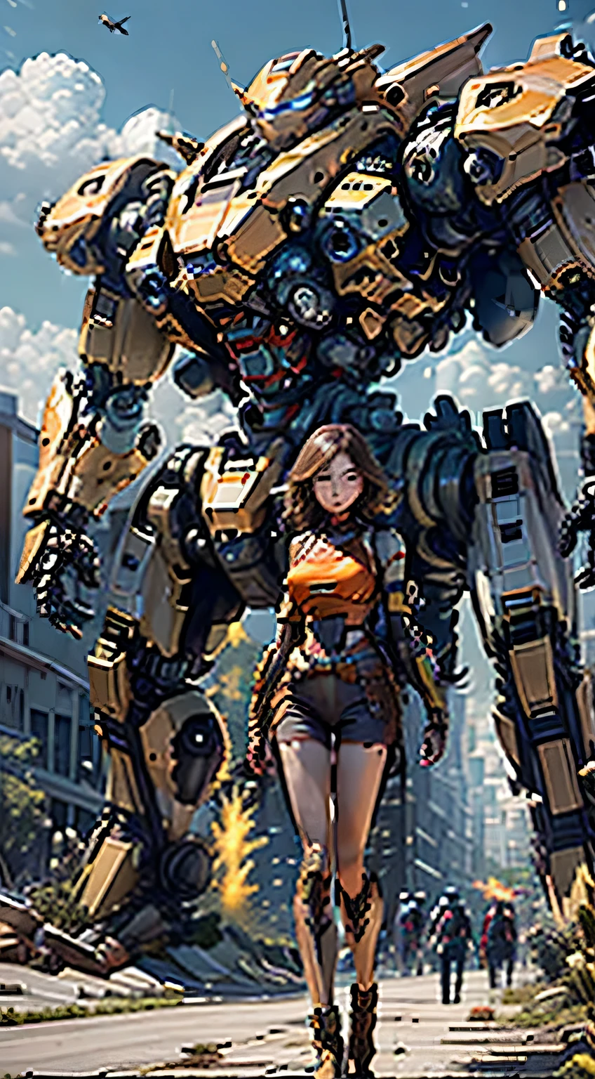 Boutique,best quality,Gold Jewelry,(slip out feet),Fairy Skin,(Honesty :1.2),permanent,Ultra Detailed,Practical,high quality,Movie Light,Ray Tracing,Ultra HD,Upper Body, A girl wearing a futuristic Iron Man mech, Orange dark purple, Parked on a giant humanoid tank, Dynamic poses, Cross your hands at your waist, Model standing, Dynamic Angle, Movie Lenses, Tank battery, Missile launch equipment, Large caliber artillery, Ross Tran 8K, Mech Cyber Armored Fighting Vehicle,