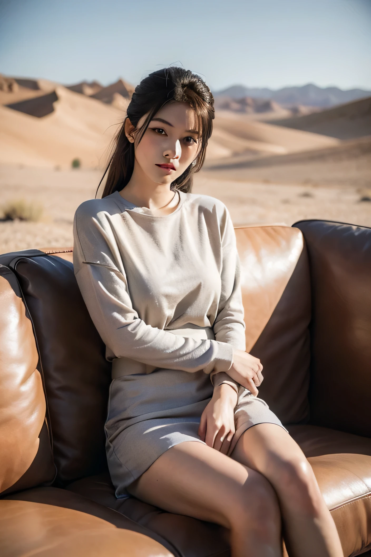 A three-seater leather beige sofa is placed in the desert，Desert background simple and clean，There was an Asian woman sitting on it，Maillard color