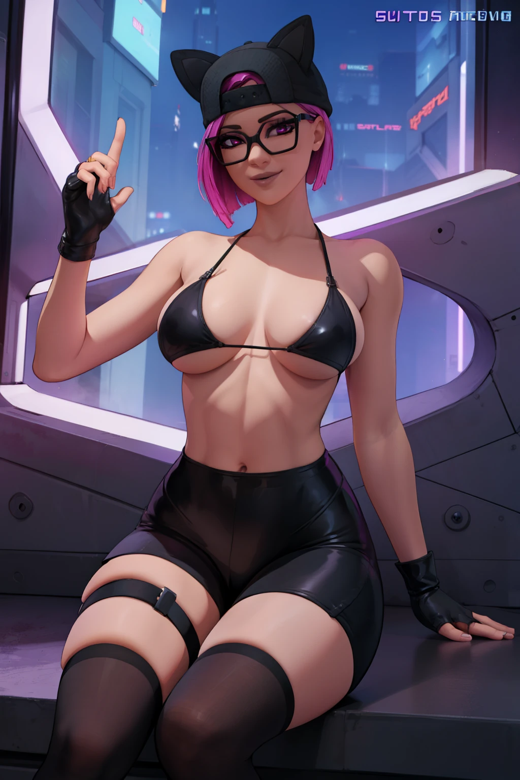 (masterpiece), (best quality), (solo), looking the viewer, cyberpunk, high detailed,extremely detailed,shorts with bWhite stockings,pink bikini, leggings latex fine eyes, smile,dynamic pose, short pink hair,cap,fingerless glove,glasses.