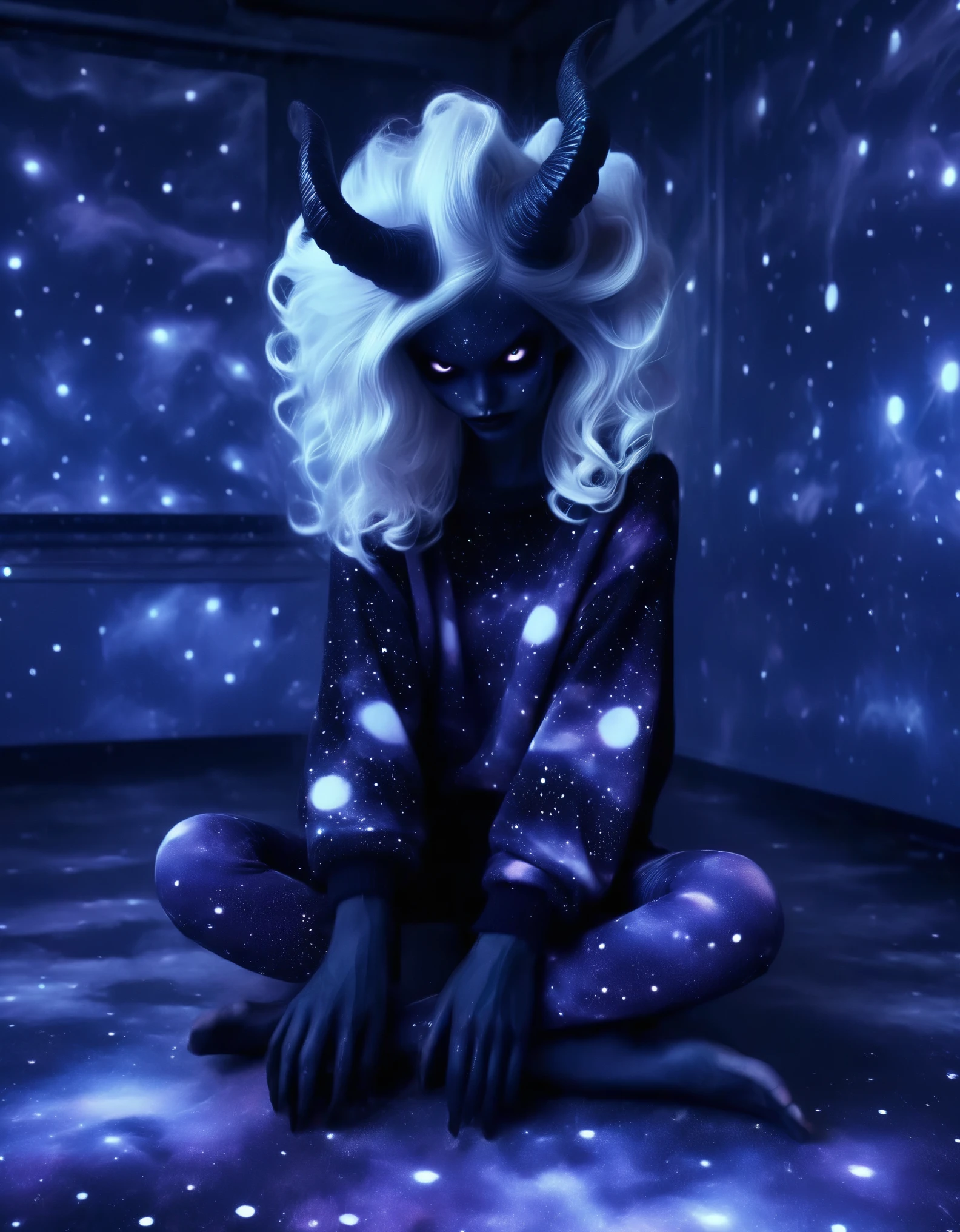 in an empty classroom ,  a dark demon girl with black horns, (pitch black eyes, cosmic black:1), , bright bleach white tips  hair , well lit , very skinny, wearing a (over sized sweater, and polka dot leggings:1.3)  cosmic pattern on skin , intricate detail