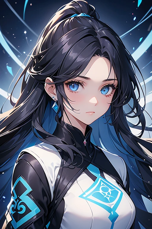 A 20-year-old girl, with wavy hair in a brown ponytail, her skin is light and her blue diamond-like eyes, she has a calm expression, she is an assistant, she wears a suit with dark-colored flowers, she is pretty but looks innocent and problematic. Digital illustration with anime character. Digital art.