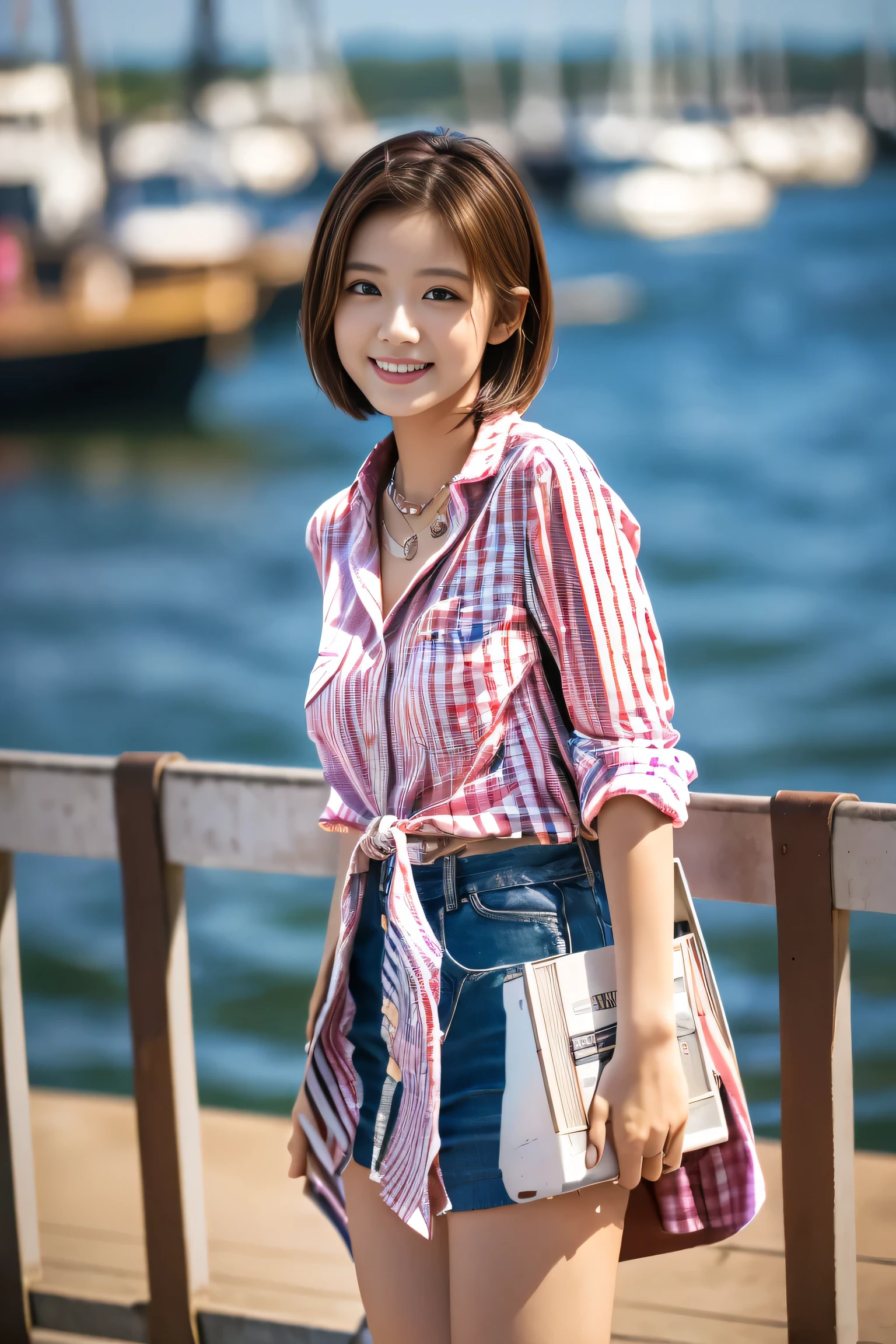 (Full body shot from head to toe:1.5),(18-year-old female), (The best quality at its best:1.4), (Super detailed), (Very detailed CG unified 16k), Beautiful woman with perfect figure: 1.4, Sharp focus: 1.2, Very detailed, High-quality RAW color photos, Professional photography, Great face and eyes, Beautiful eyelashes、cosmetics, (Amazingly beautiful girl),((White Flared Cart:1.5)),  ((Pink gingham check shirt:1.5)), Are standing, Sexy posture，(harbor:1.3), (View from below), Realistic movie faces, Realistic, ((Natural light brown hair color, Realistic blue eyes)),( Short Bob Hair:1.5), (necklace:1.5)、Very beautiful face, Perfect model beauty, Mouth swelling, Highly detailed face and skin texture, double eyelid, Medium chest, smile, (masterpiece), highest quality, High resolution, Very detailed, Blurred Background, Cinema Lighting, Great legs, High heels, Clear, well-maintained skin,