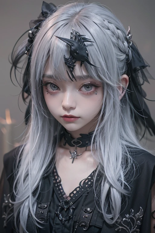 top-quality、8K、​masterpiece：1.3、Gothic punk、Red inner color、A grey dark-haired、hair adornments、a beauty girl、creative、dark fantasy style、Neogos、Goth Fashion：1.2、hight resolution、​masterpiece、top-quality、headw:1.3、((Hasselblad photo))、Fine-grained skin、Sharp Focus、(lighting like a movie)、Realistic texture m hair, black crow in the shoulder 