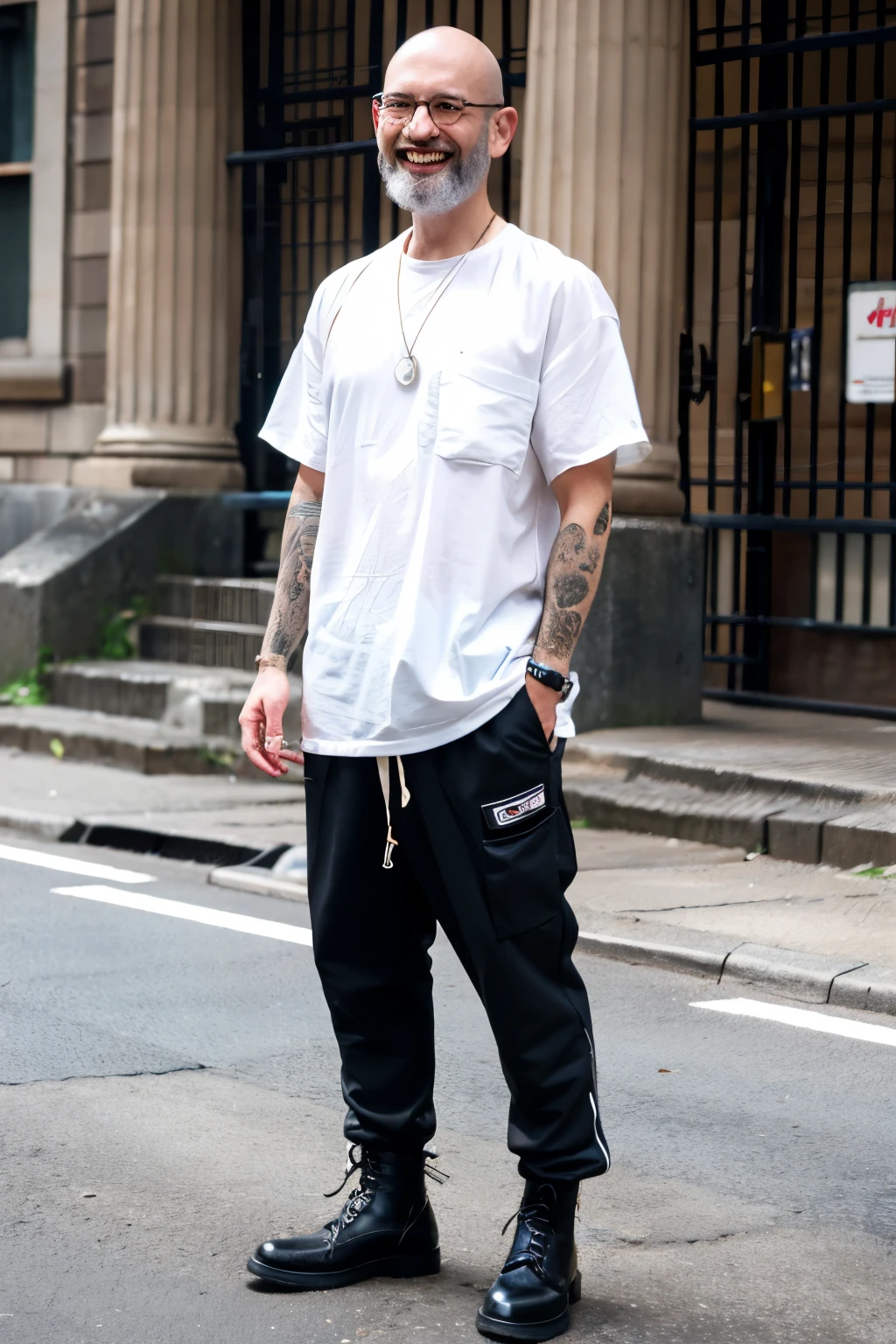 ((best quality)), ((masterpiece)), (detailed), bald man,prison clothe,happy expression,full body,street background,