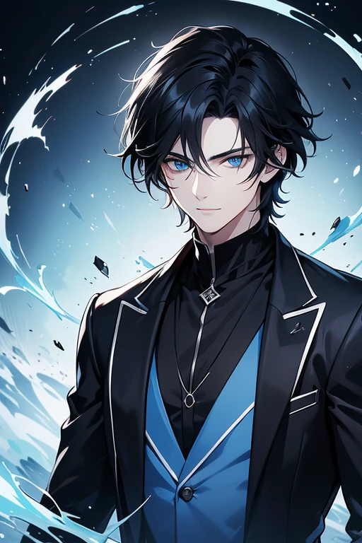 A 26-year-old boy, with short messy black hair, his skin is pale and his eyes are bright blue like the ocean with a blue sky, he has a calm expression, he is the antagonist, he wears an elegant black suit, very marked features and masculine with a smile, he is attractive but he is serious. Digital illustration with anime characters. Digital art.