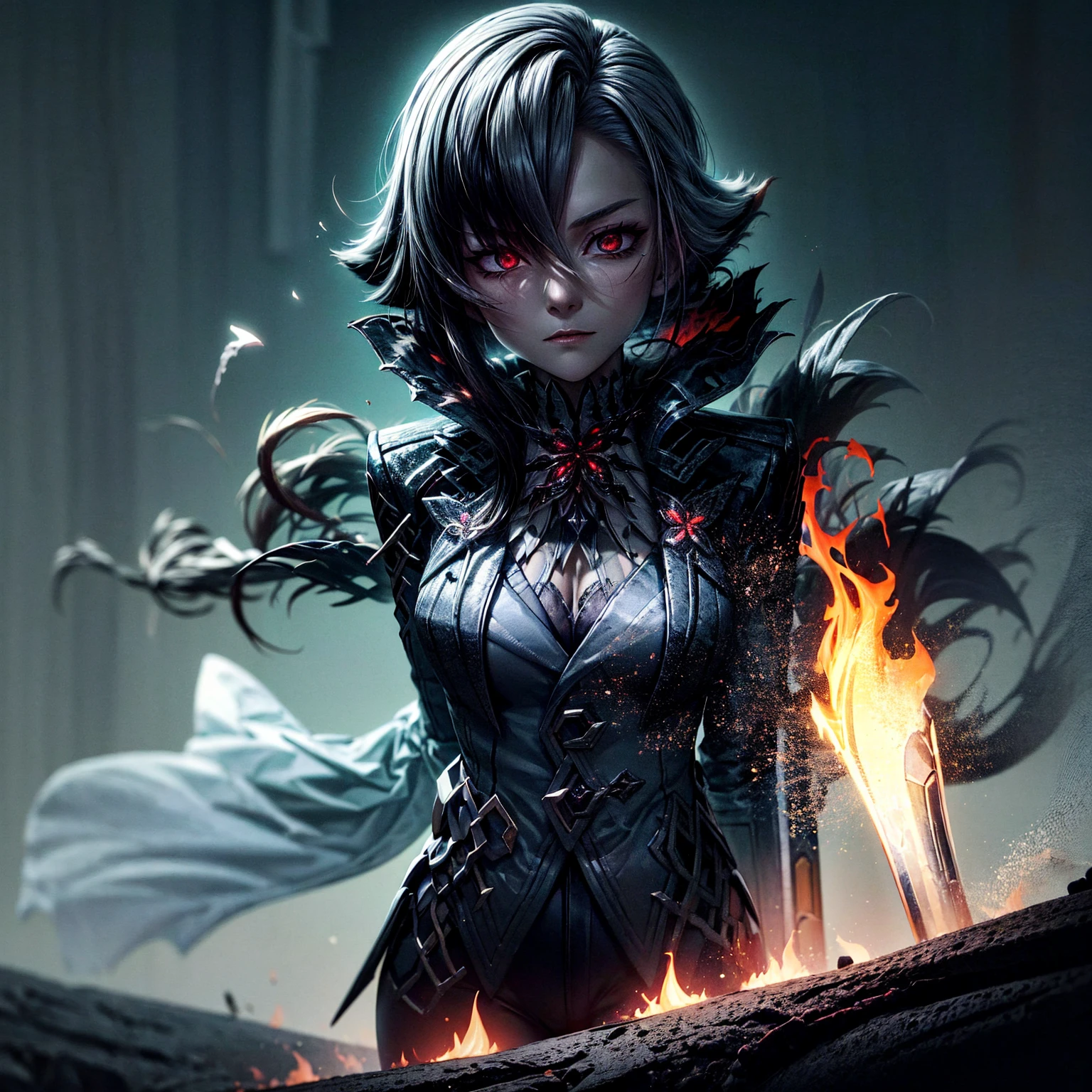 death scythe with flame, Goddess of death, Dark complex background, grim Reaper, fiery aura, ethereal presence, ominous shadows, exciting atmosphere, creepy beauty, swirling smoke, Menacing silhouette, glowing embers, mystical and foreboding, eerie glow of moonlight, prediction of doom, spectral figures, Chilling winds, Otherworldly realm.