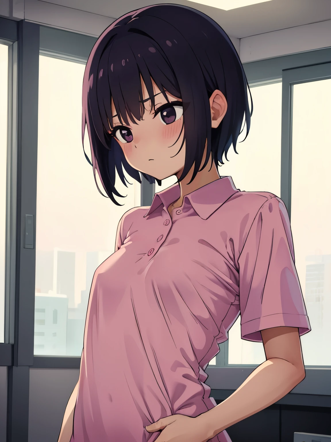 1. Beautiful girl in a magenta polo shirt, short hair, Small breasts, Embarrassing, Beautiful fingers, Shyness, worries, Black Hair, No underwear, Bending over, naked, nude, black eyes, hospital, beautiful, cute, high quality, short sleeves No bra, no foam in a clear glass
